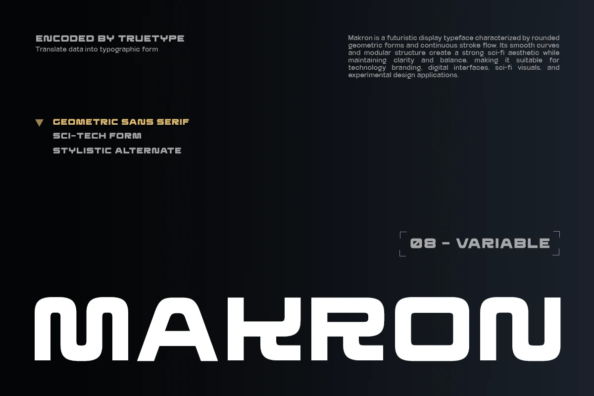 TRT Makron Font preview with bold rounded geometric sans serif lettering in white on a dark gradient background