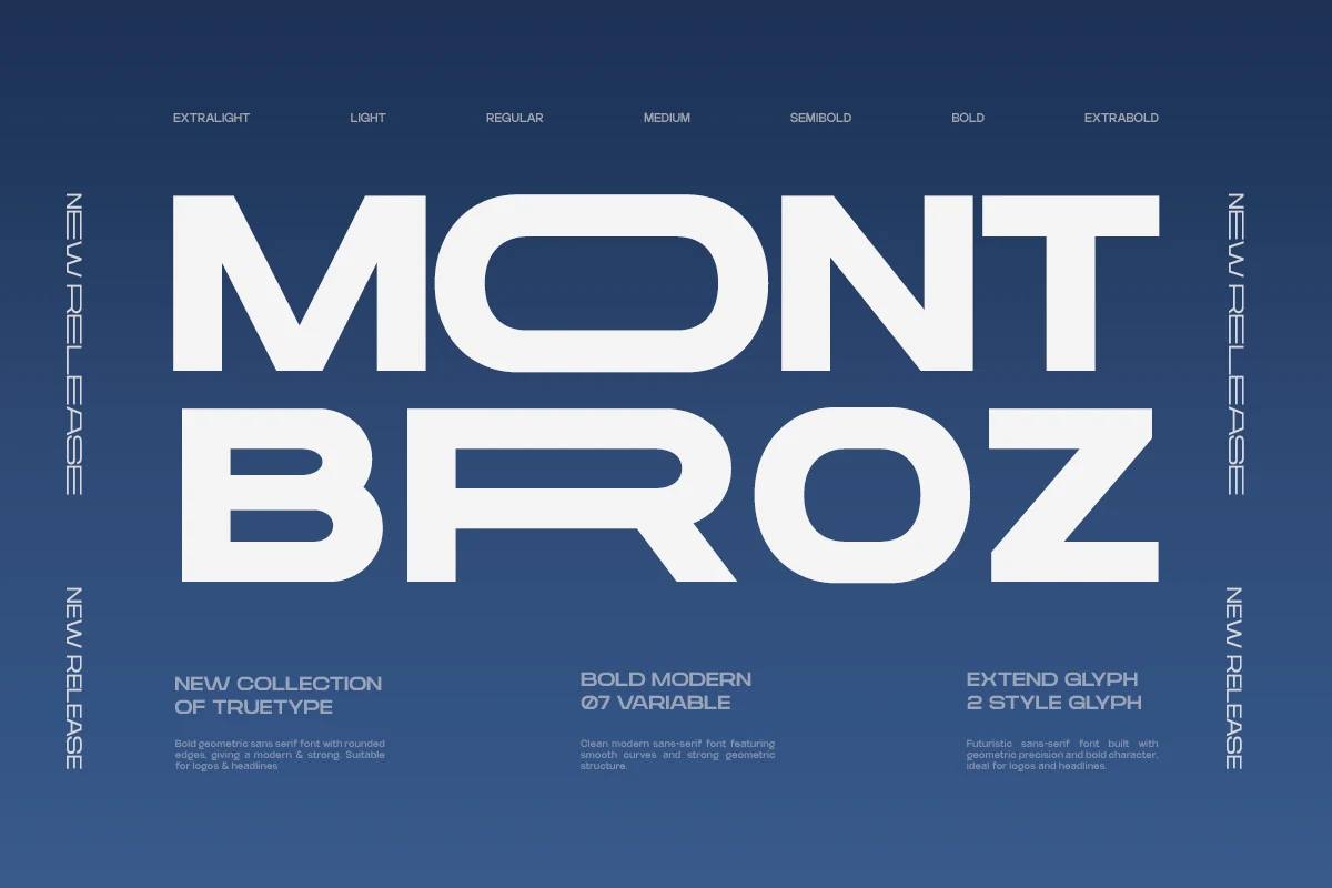 TRT Mont Broz Font preview with bold wide geometric sans serif lettering in white on blue