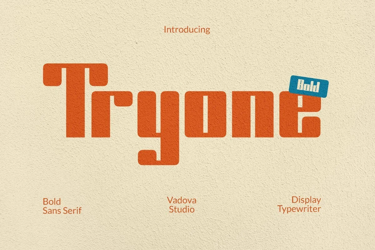 Tryone Font preview with orange bold rounded block sans serif lettering