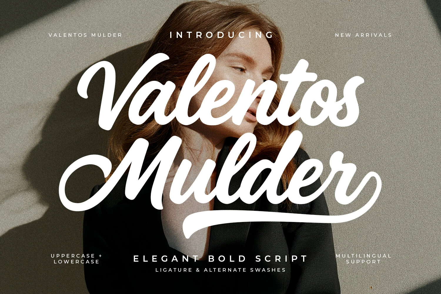 Valentos Mulder Font preview in bold white script with thick strokes and a long underline swash