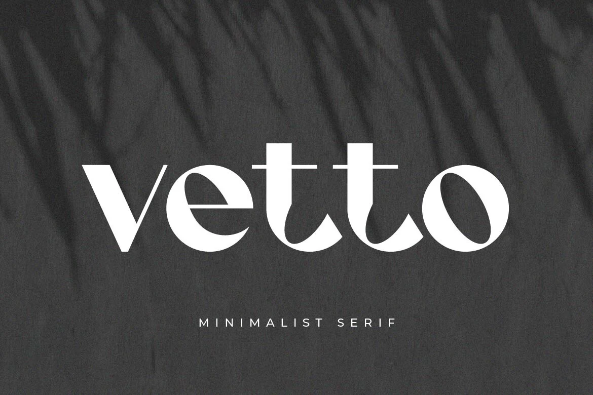Vetto Font preview in white lowercase lettering with high contrast curves and rounded shapes
