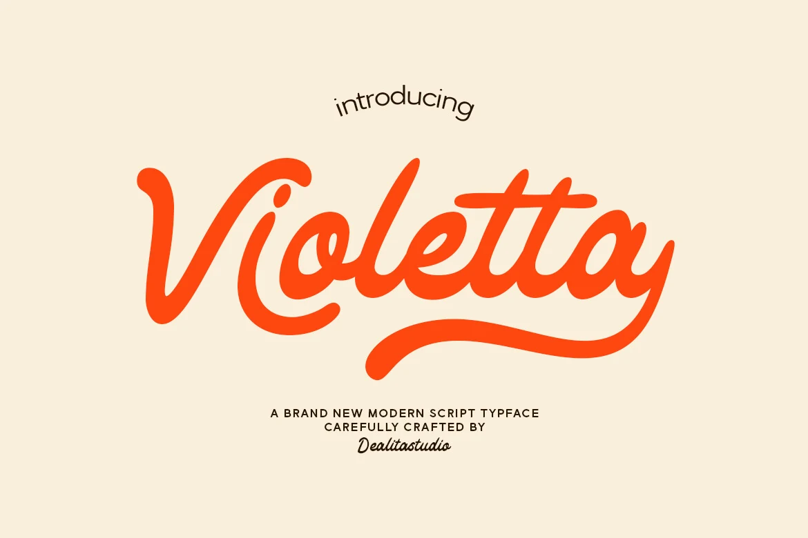 Violetta Font preview in bold retro script with rounded strokes and long swashes