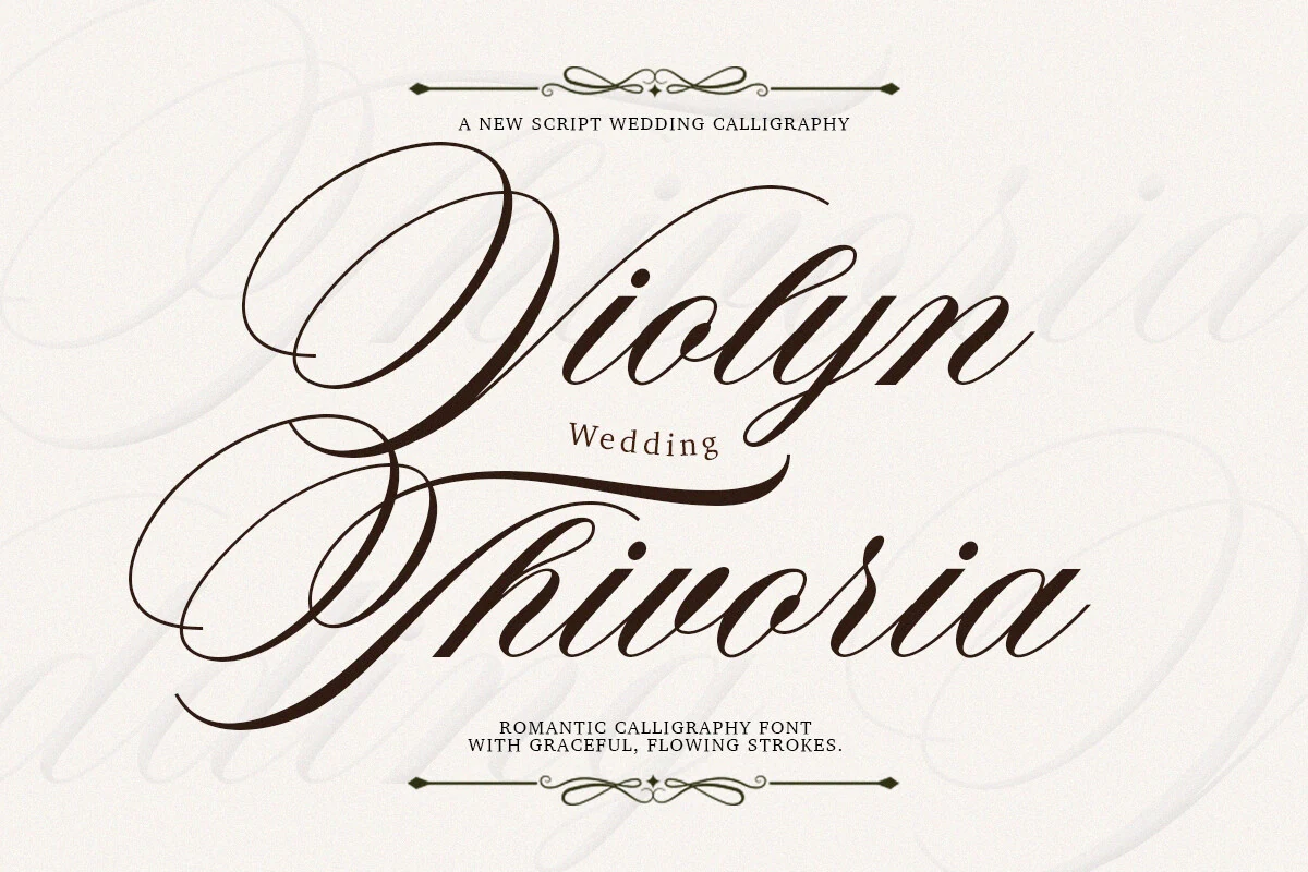 Violyn Wedding Thivoria Font preview in elegant brown calligraphy with sweeping flourishes