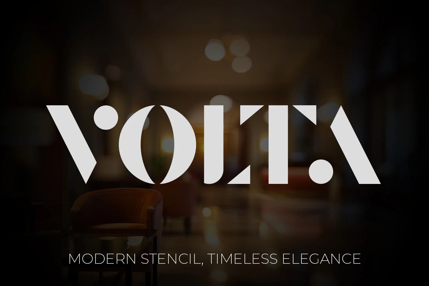 Volta Font preview with geometric stencil lettering, dot terminals, and sharp cut-out shapes
