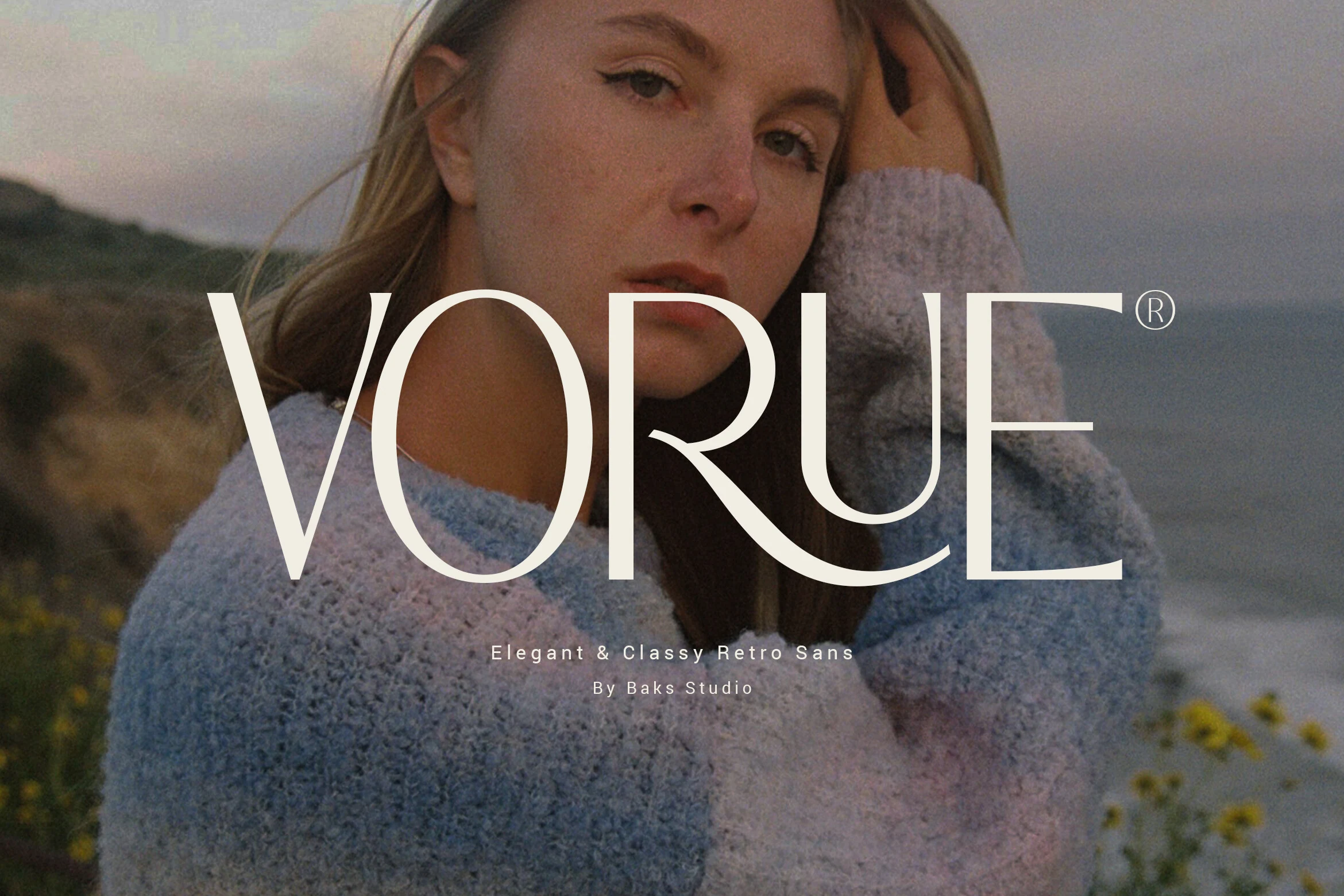 Vorue Font preview with elegant cream retro sans serif lettering and a sweeping R