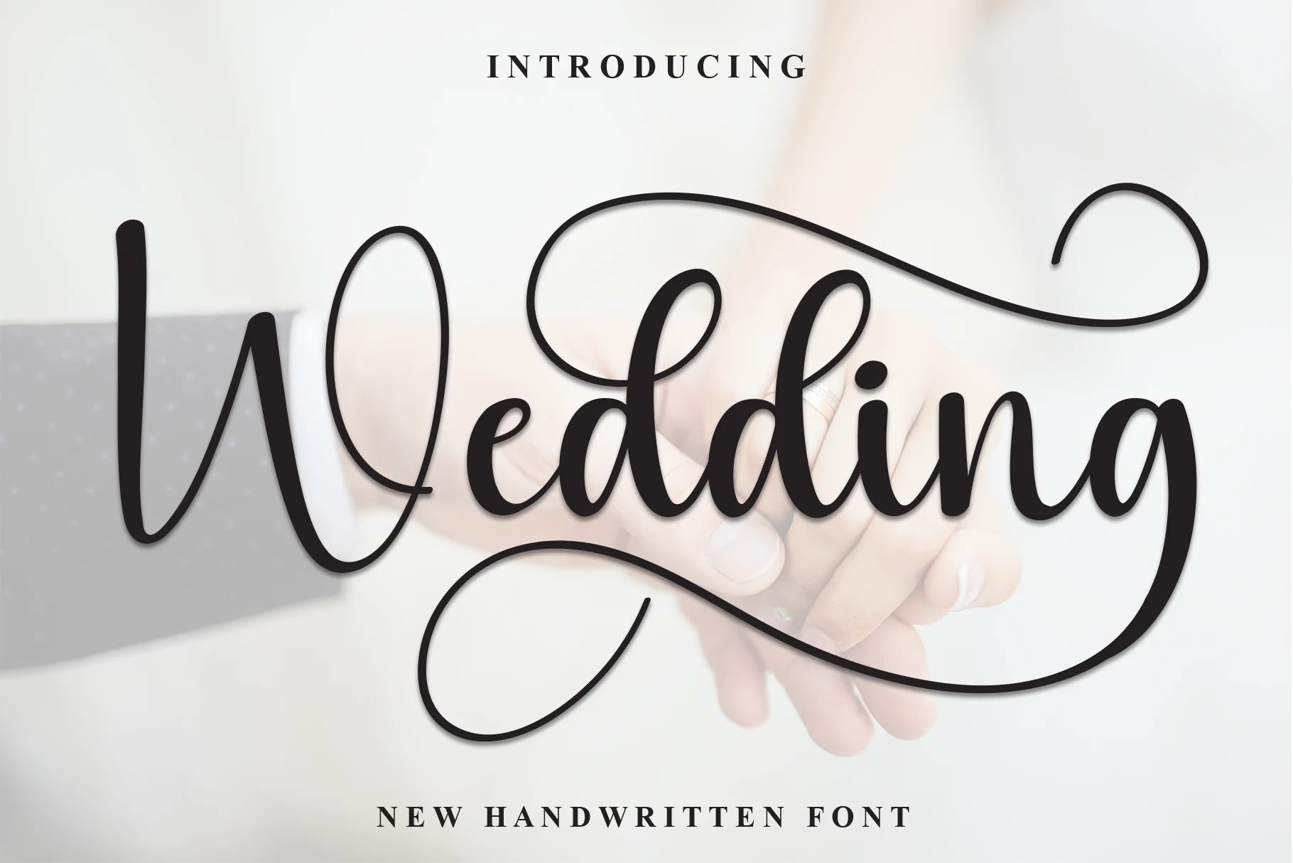 Wedding Font preview with bold black script lettering, smooth curves, and a long looping swash