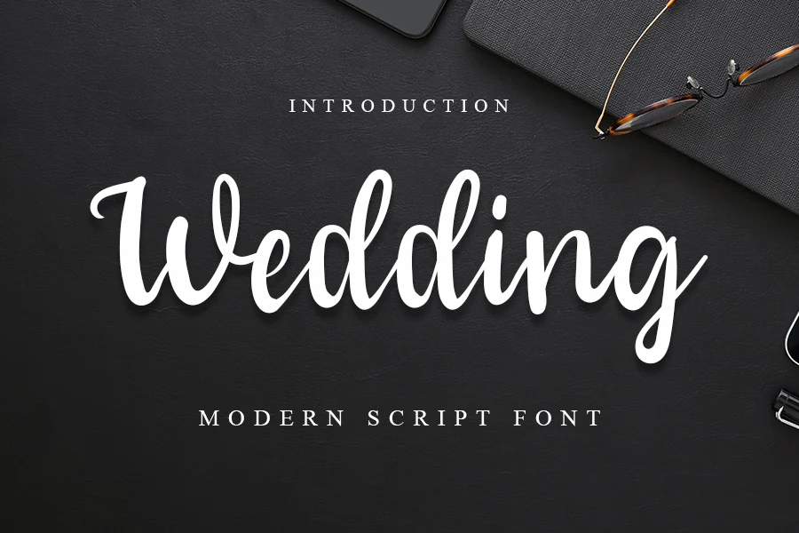 Wedding Font preview with bold black handwritten script, rounded strokes, and a long underline flourish