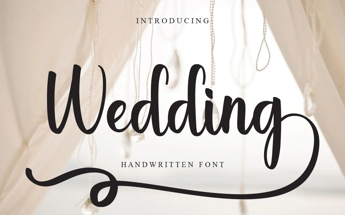 Wedding Font preview with bold black handwritten script, rounded strokes, and a long underline swash