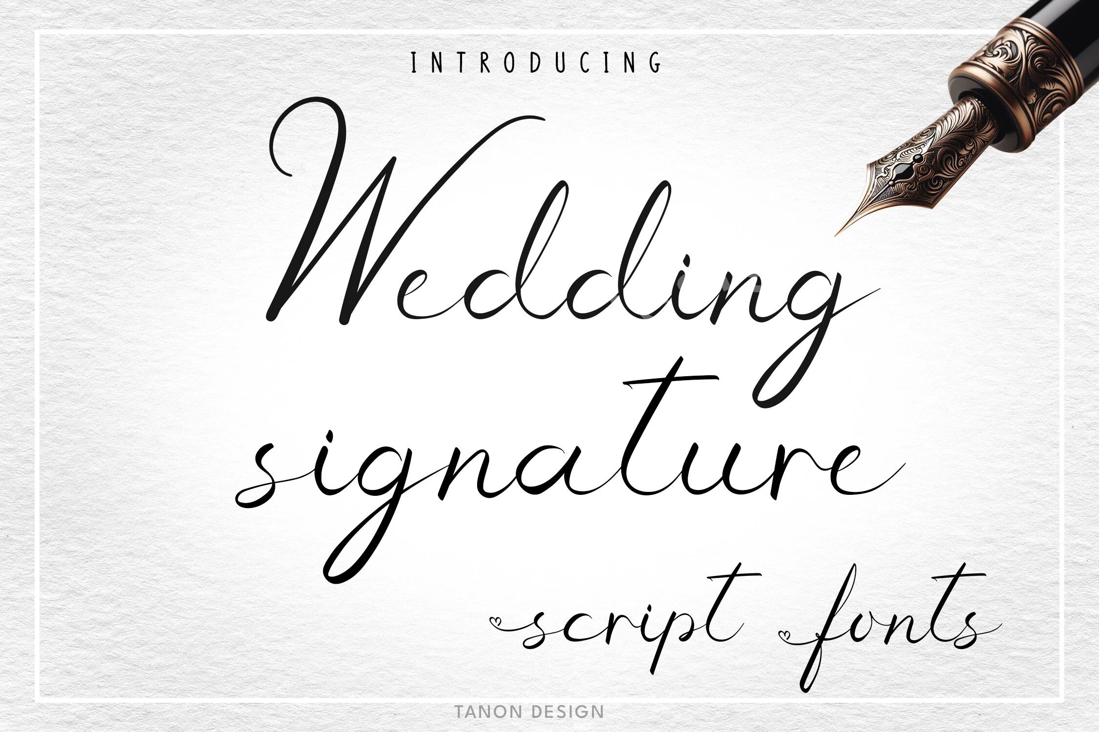Wedding Signature Font preview with black calligraphy script, long loops, and fine wedding lettering