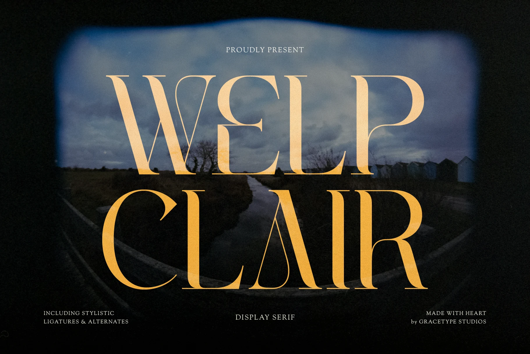 Welp Clair Font gold high-contrast display serif preview with sharp flared terminals
