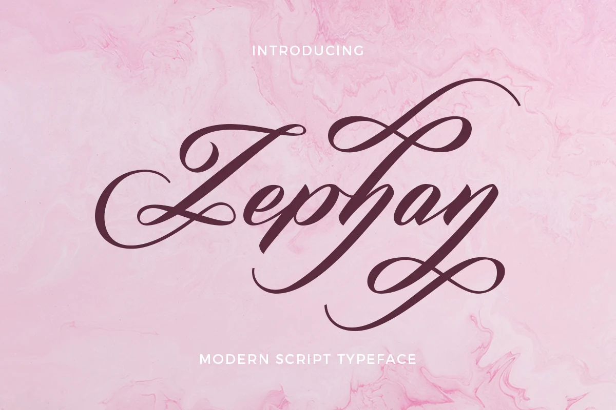 Zephan Font preview in burgundy elegant script with sweeping flourishes and balanced calligraphy strokes