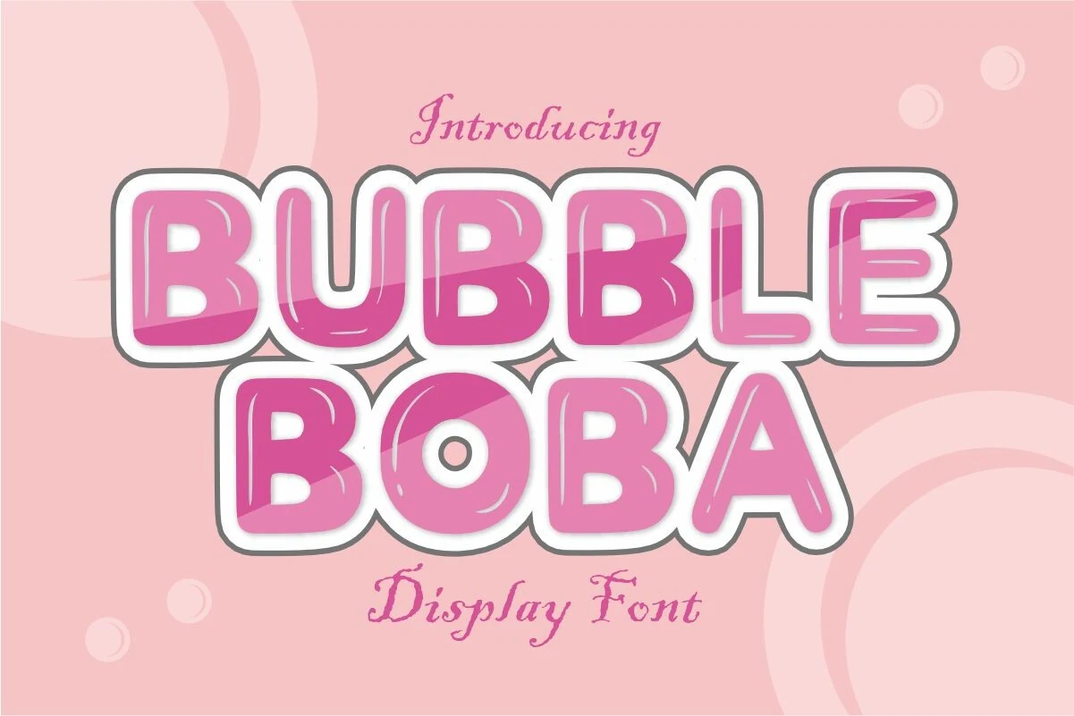 Bubbleboba Regular Font in bold, rounded lettering with glossy highlights, gradient shading, and a white outline