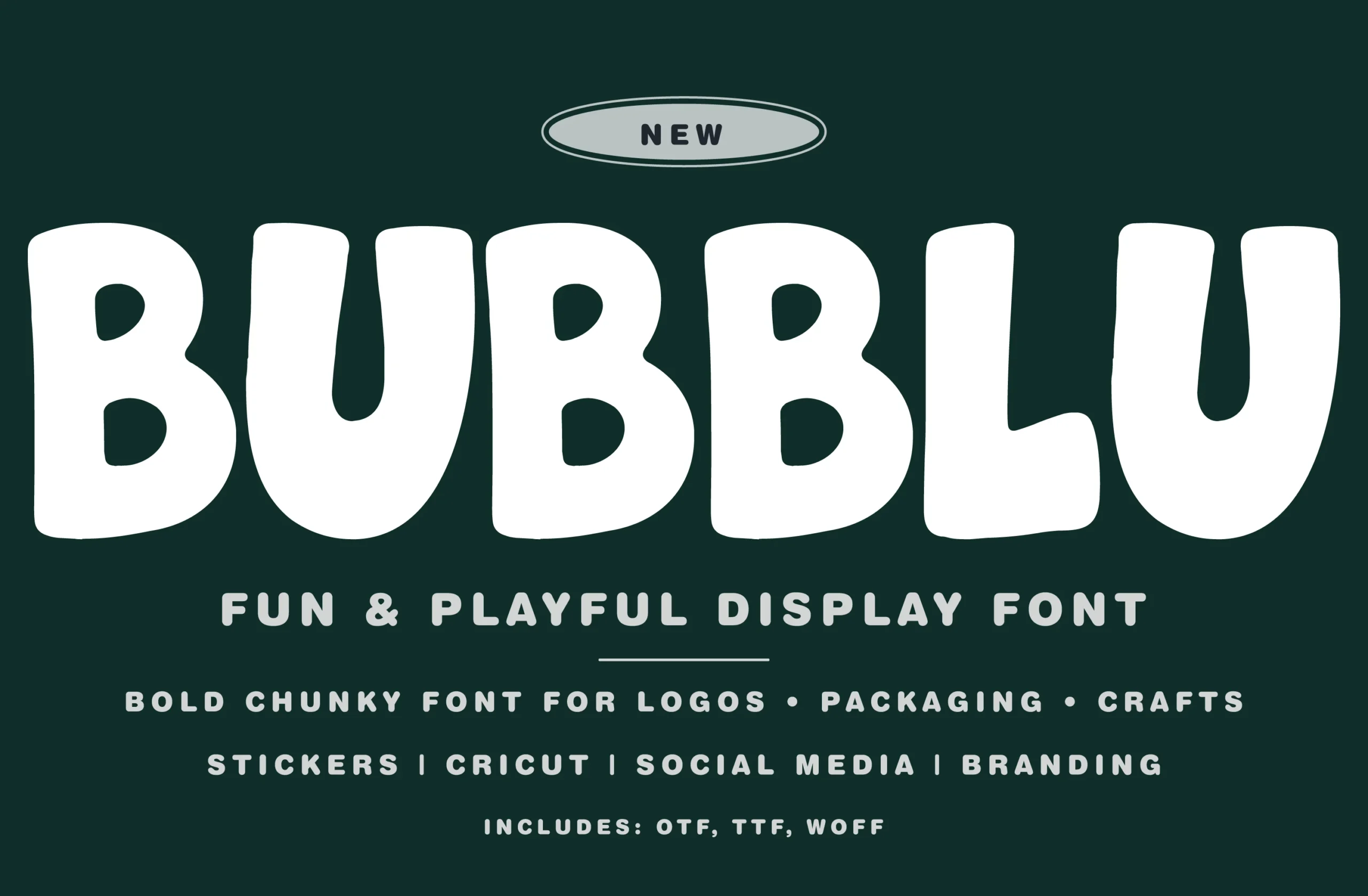 Bubblu Font shown in large chunky bubble letters with rounded terminals and organic curves
