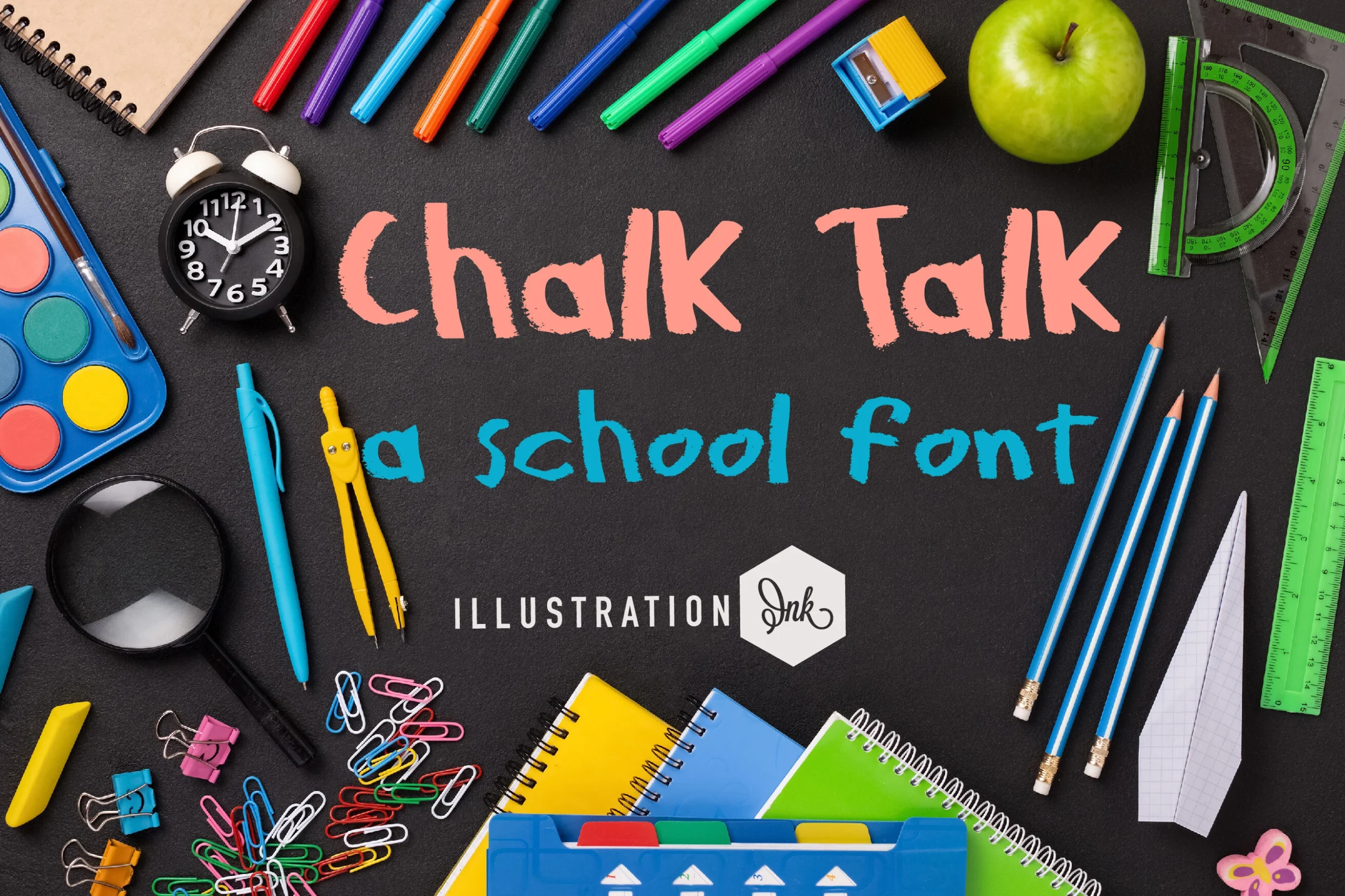Chalk Talk Font featuring bold uppercase hand-drawn lettering with rounded terminals and irregular marker-like strokes