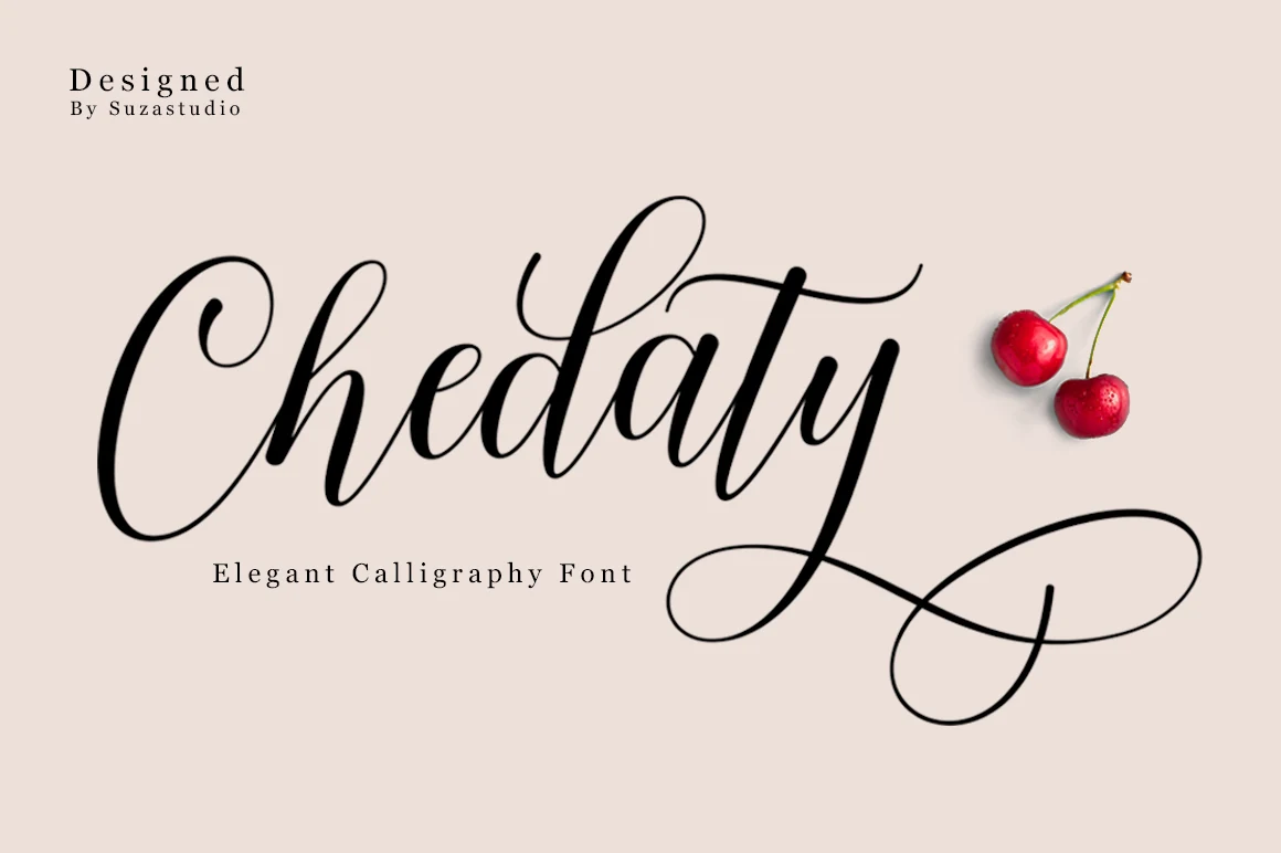 Chedaty Font shown in connected, high-contrast calligraphy with a right-leaning slant and sweeping terminal flourish.