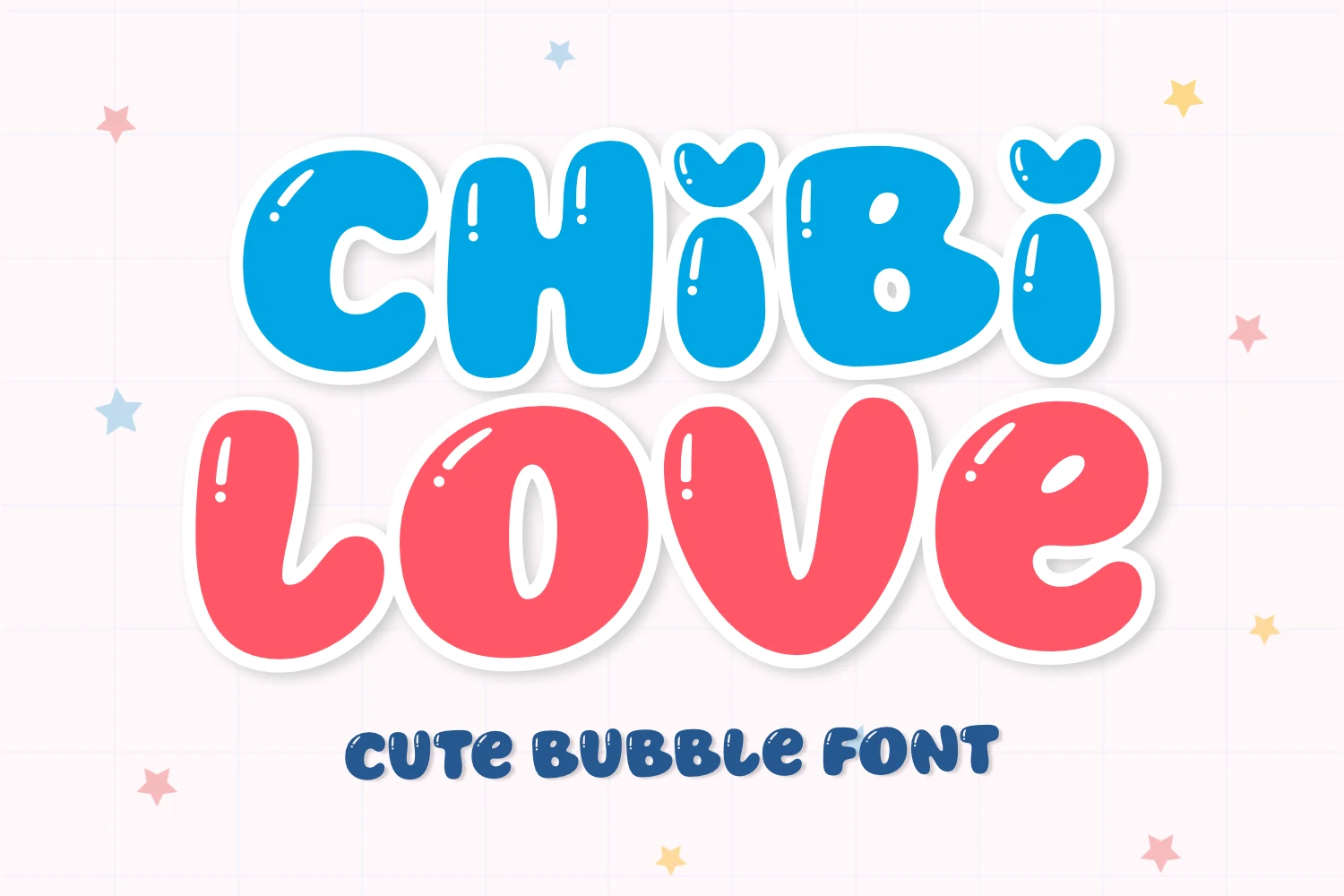 Chibi Love Font with heavy inflated lettering, rounded forms, and heart-shaped accents