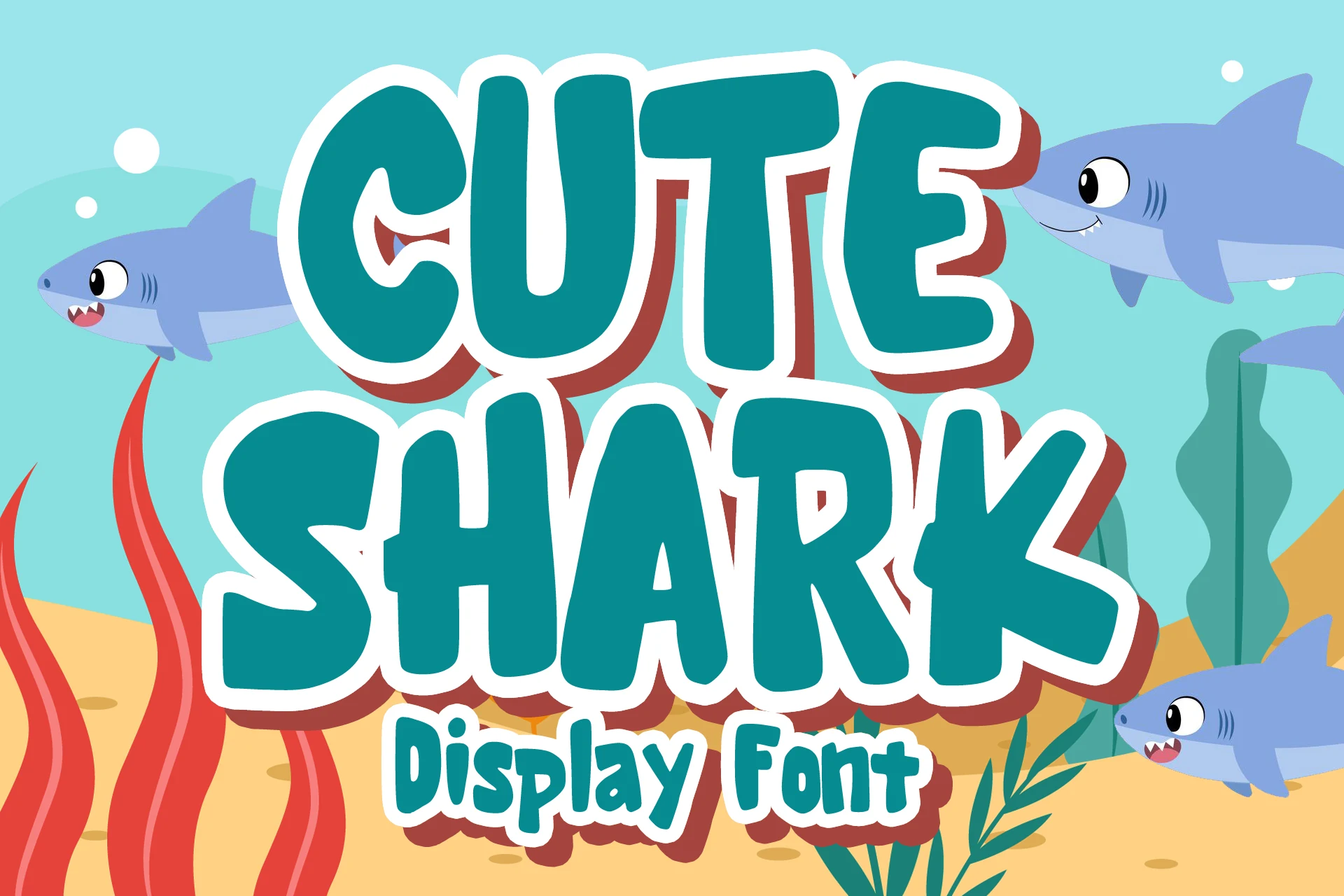 Cute Shark Font preview with bold rounded lettering, soft terminals, and dimensional shadowing.