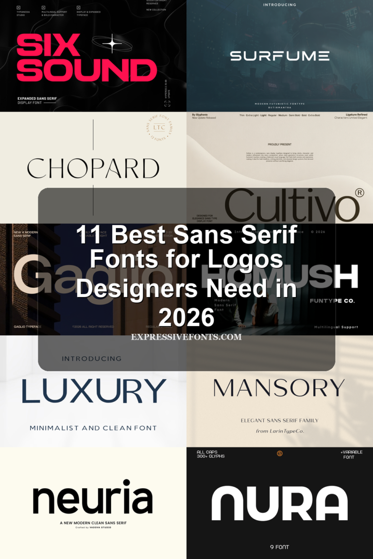 Cover image for 11 Best Sans Serif Fonts for Logos Designers Need in 2026 with previews of fonts from the article