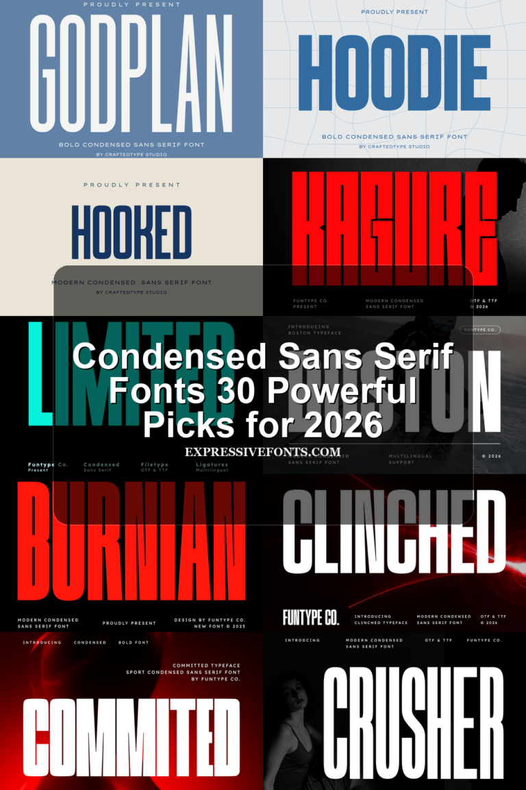 Preview collage of condensed sans serif font styles from the article Condensed Sans Serif Fonts 30 Powerful Picks for 2026