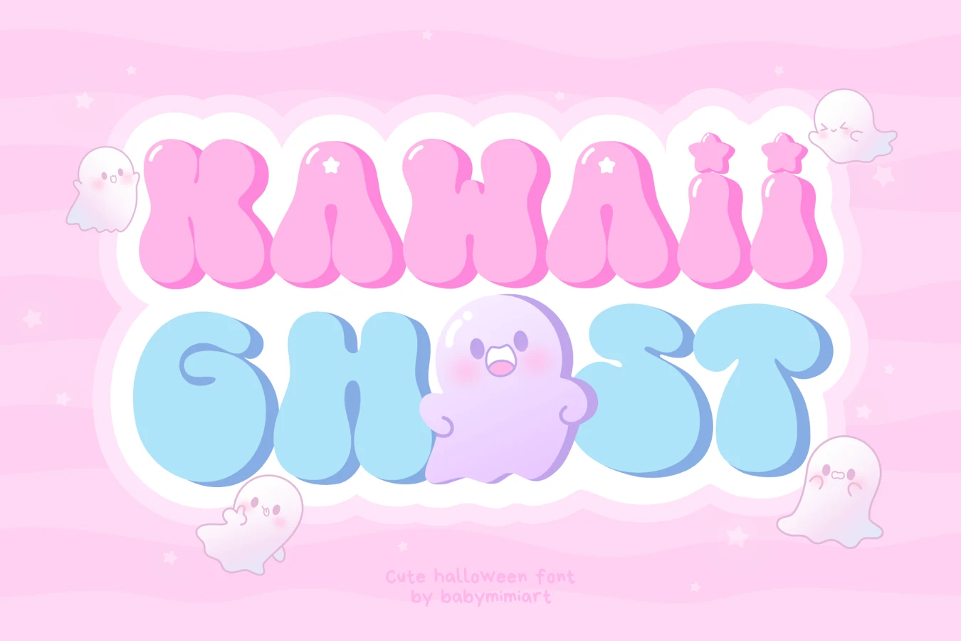 Kawaii Ghost Font in thick rounded bubble lettering with soft contours and star-shaped i accents.