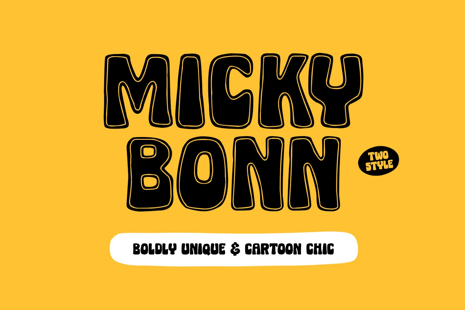 Micky Bonn Font in bold, rounded, irregular all-caps lettering with a playful cartoon style.
