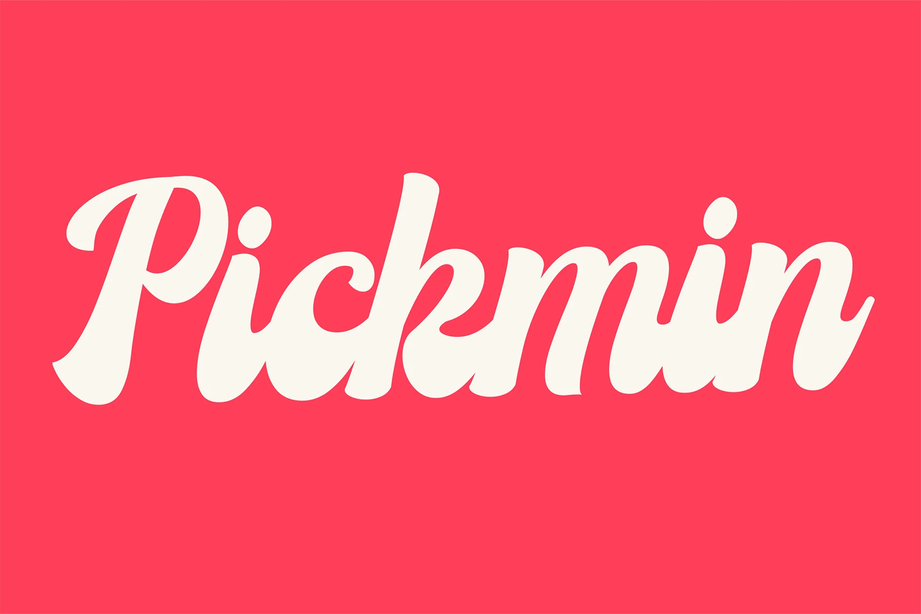 Pickmin Font shown in bold, connected white script lettering with a rightward slant and rounded terminals