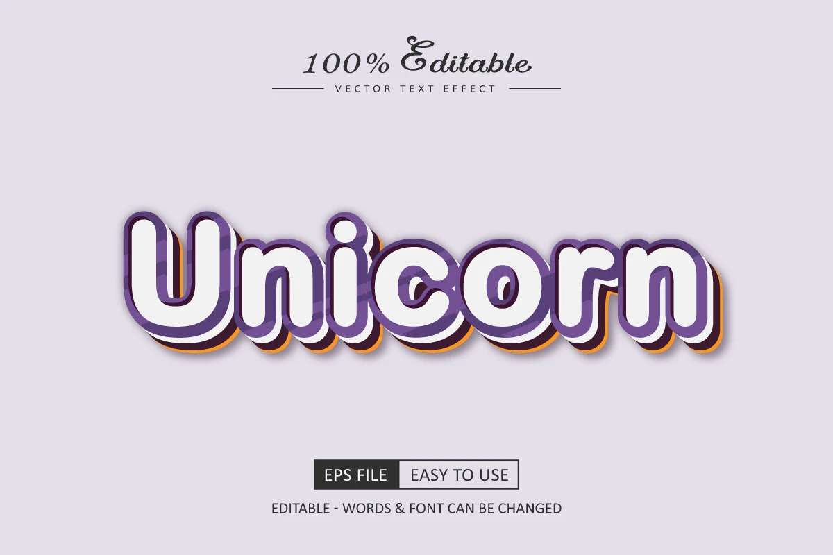 Unicorn Cute Kawaii Font Typography with bold rounded letters and purple, white, dark, and gold layered 3D styling
