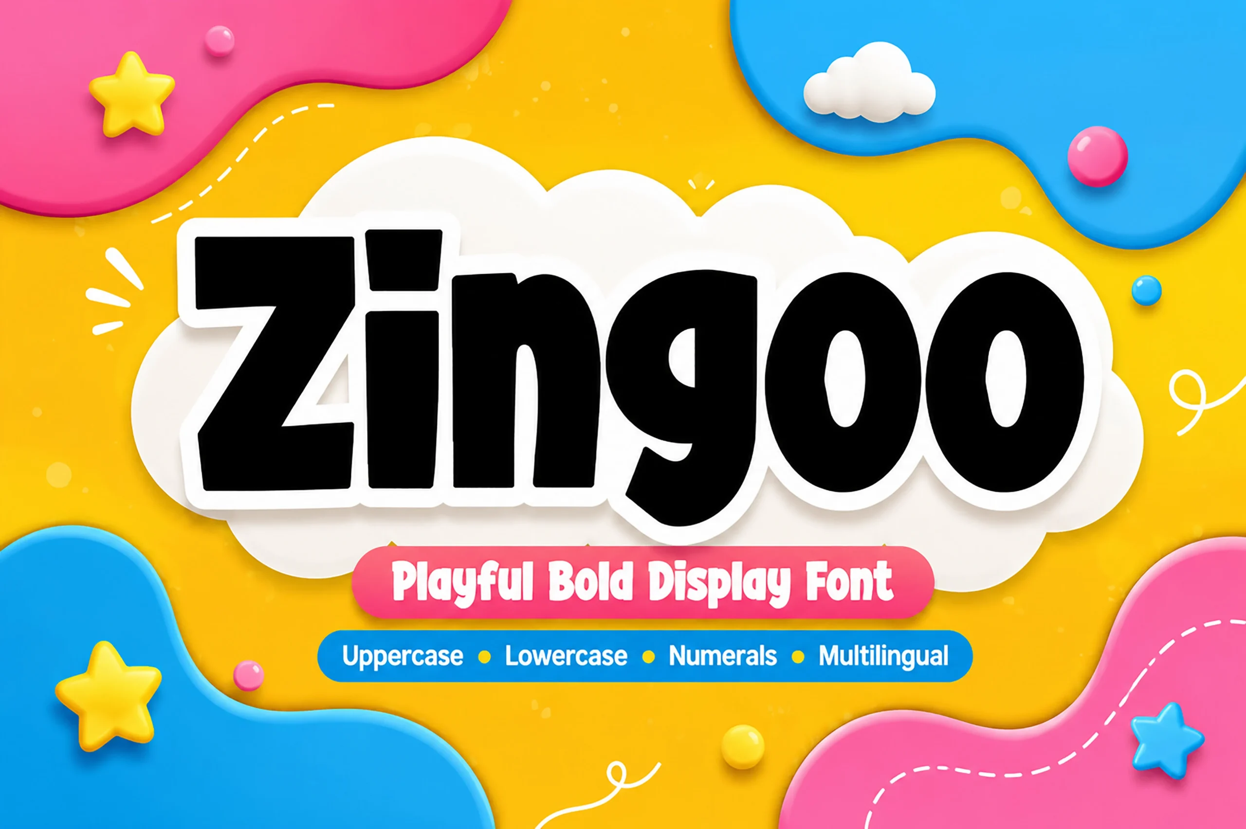 Zingoo Font preview showing bold condensed lettering with rounded corners and blunted terminals.