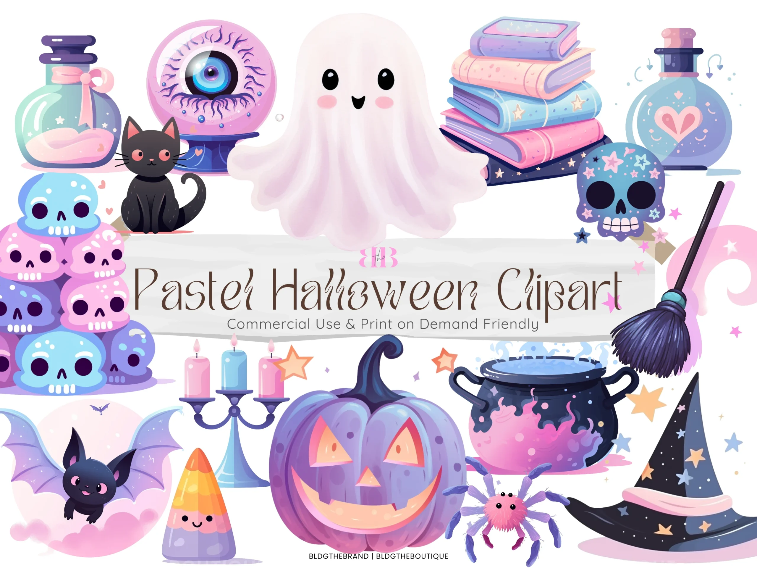 27 Cute Pastel Halloween PNG Sublimation showing pastel Halloween clipart with decorative serif lettering surrounded by ghosts, skulls, a pumpkin, a cauldron, a cat, and a bat.