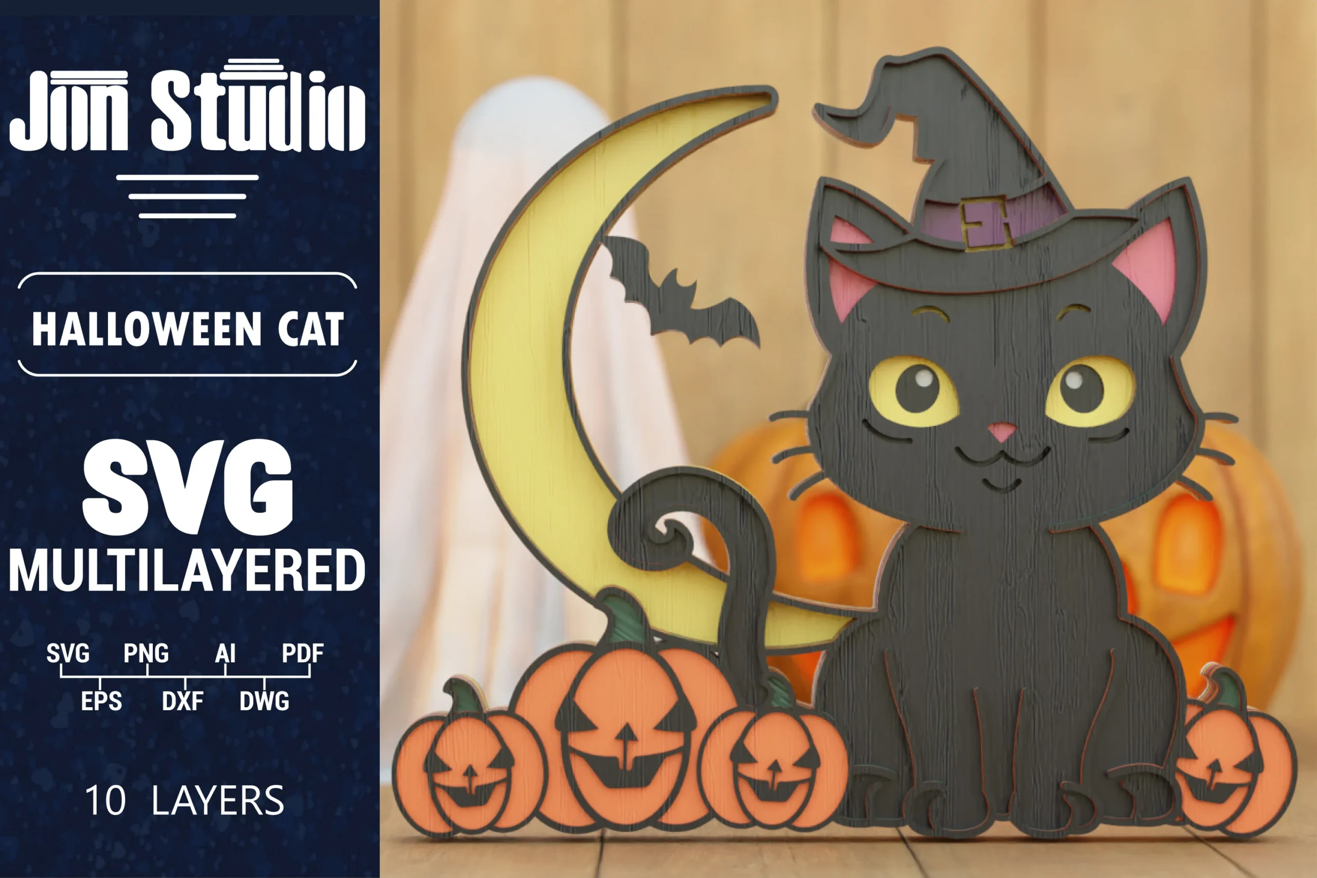 3D Halloween Cat SVG Laser Cut Papercut featuring a layered Halloween illustration of a black cat in a witch's hat with a crescent moon, bat, carved pumpkins, and bold stencil-style title lettering on a dark background.