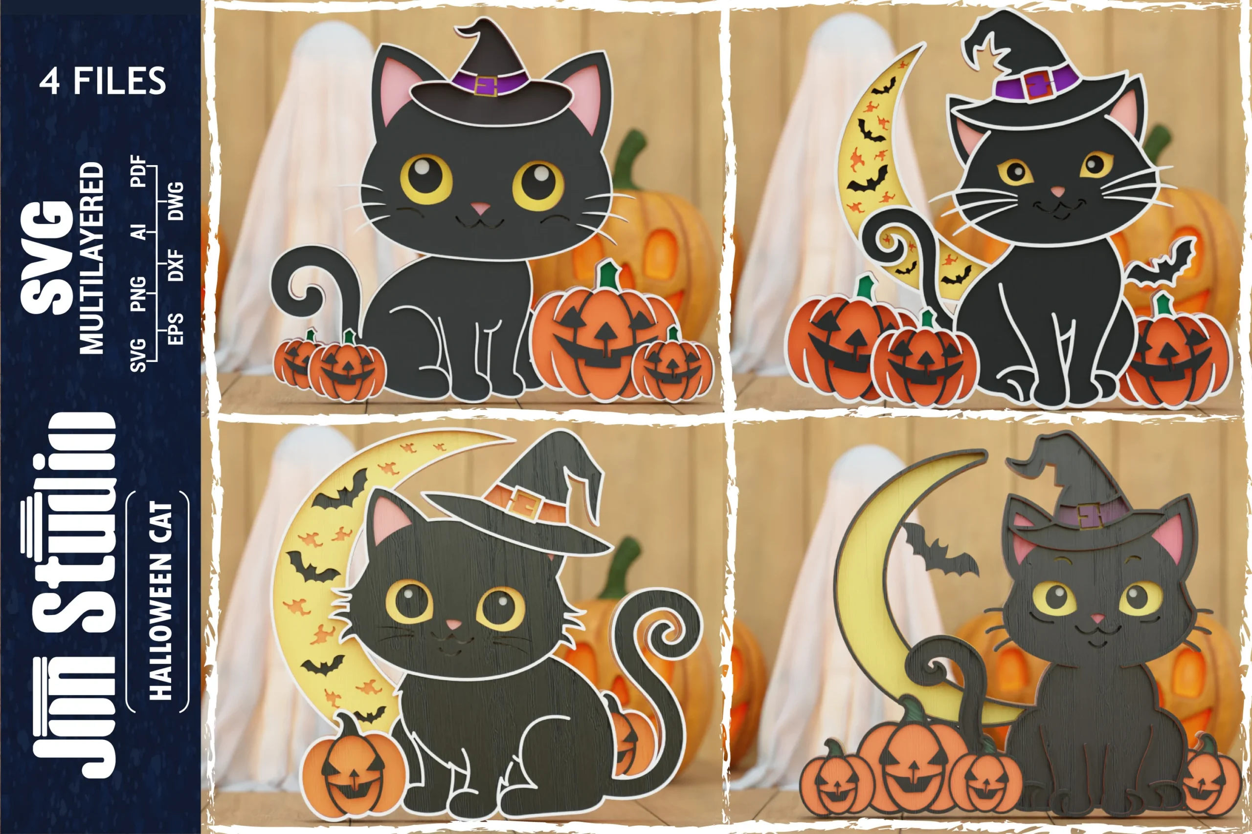 3D Halloween Cat SVG Laser Cut Papercut featuring four layered black cat compositions with witch hats, crescent moons, pumpkins, and bat cutouts