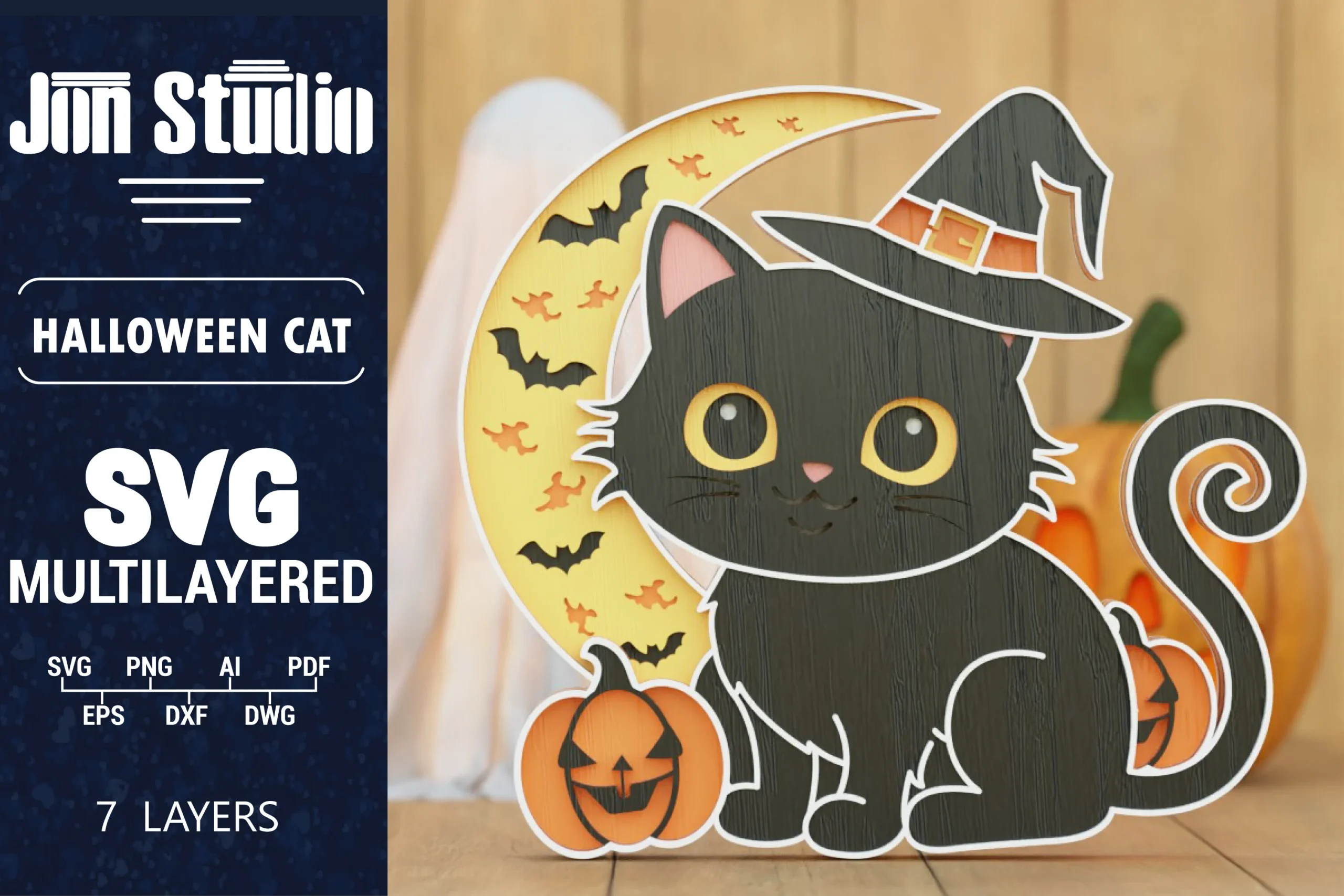 3D Halloween Cat SVG Laser Cut Papercut featuring a layered black cat in a witch hat positioned before a crescent moon with bats, pumpkins, and a decorative wordmark.