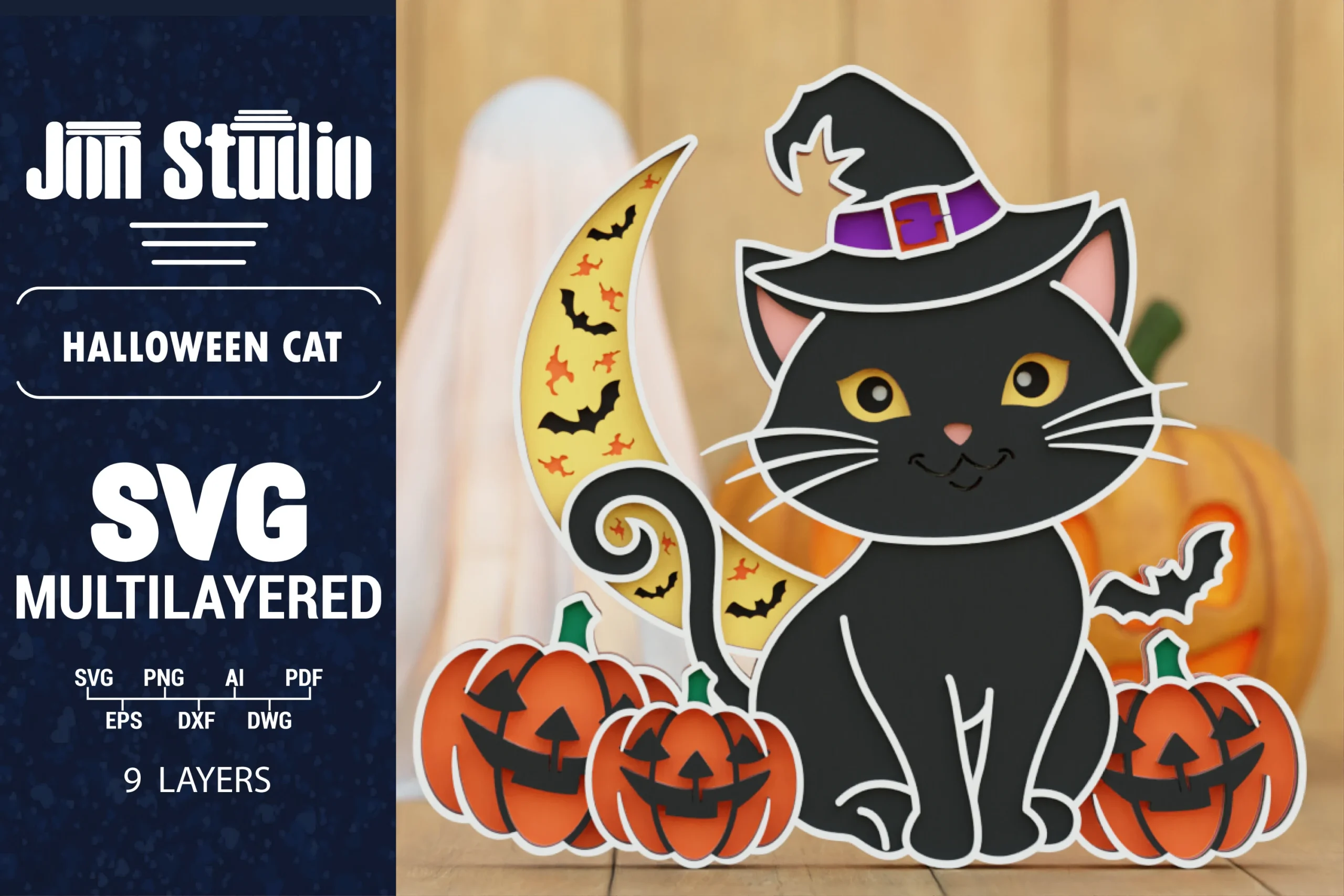 3D Halloween Cat SVG Laser Cut Papercut showing a layered Halloween scene with a black cat in a witch's hat, a bat-patterned crescent moon, jack-o'-lanterns, and stencil-style text.