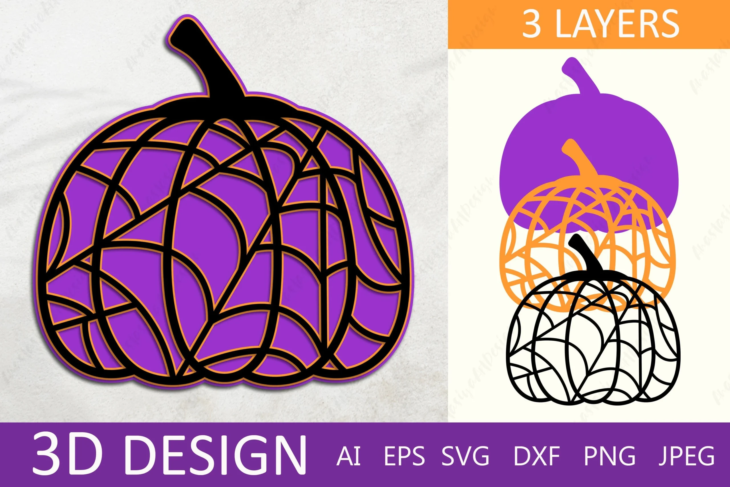 3d Layered Halloween Pumpkin Svg showing a layered pumpkin illustration with a purple background shape, an orange spiderweb-patterned middle layer, and a black spiderweb lattice top layer.