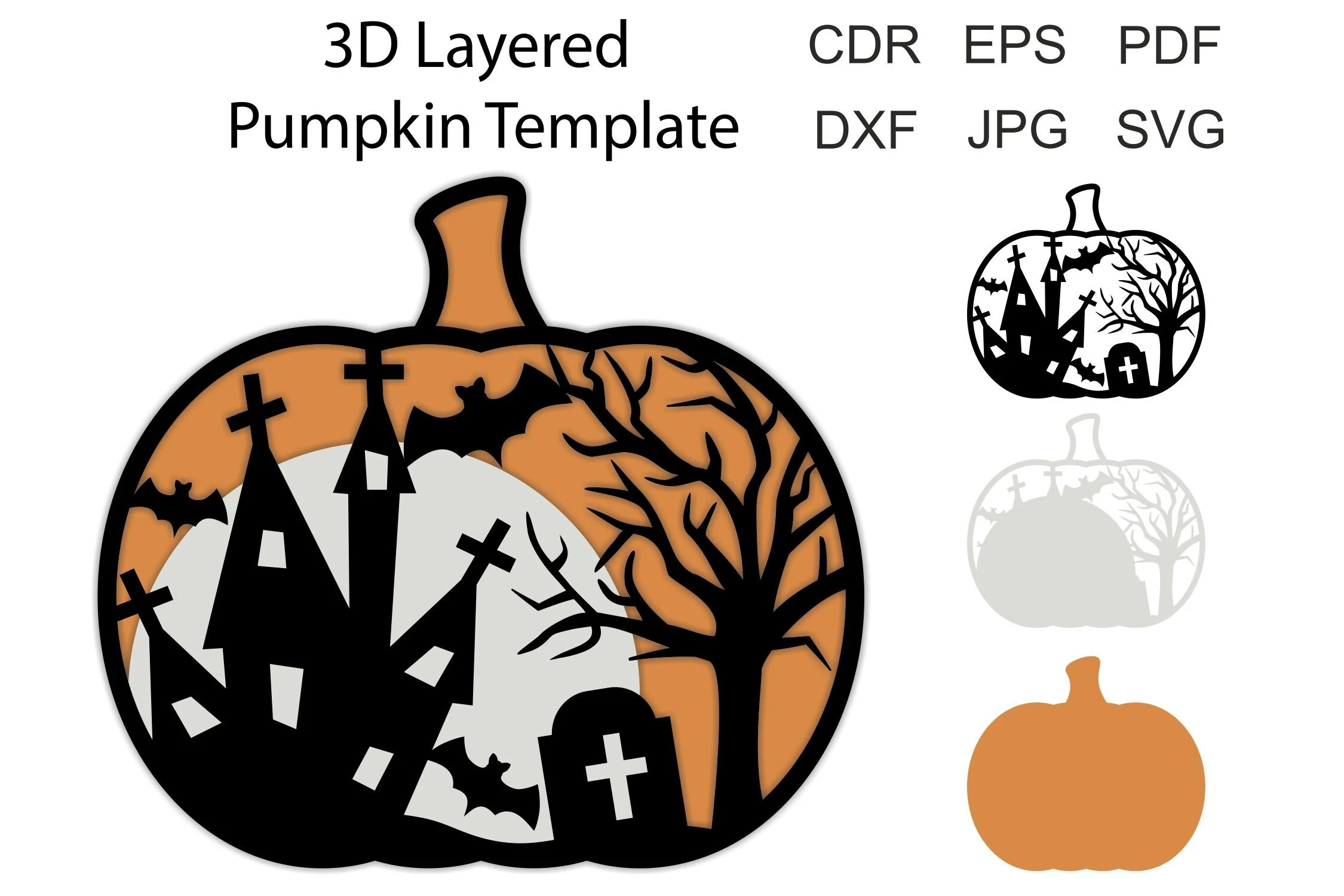 3d Multilayer Halloween Pumpkin Svg showing a layered pumpkin silhouette with a haunted house, gravestone, bare tree, and bats.