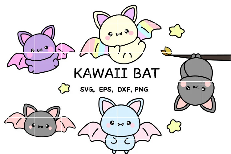 Bat Svg, Cute Halloween Svg 6Cricut Silh featuring five pastel cartoon bats in varied poses, yellow stars, and centered display typography