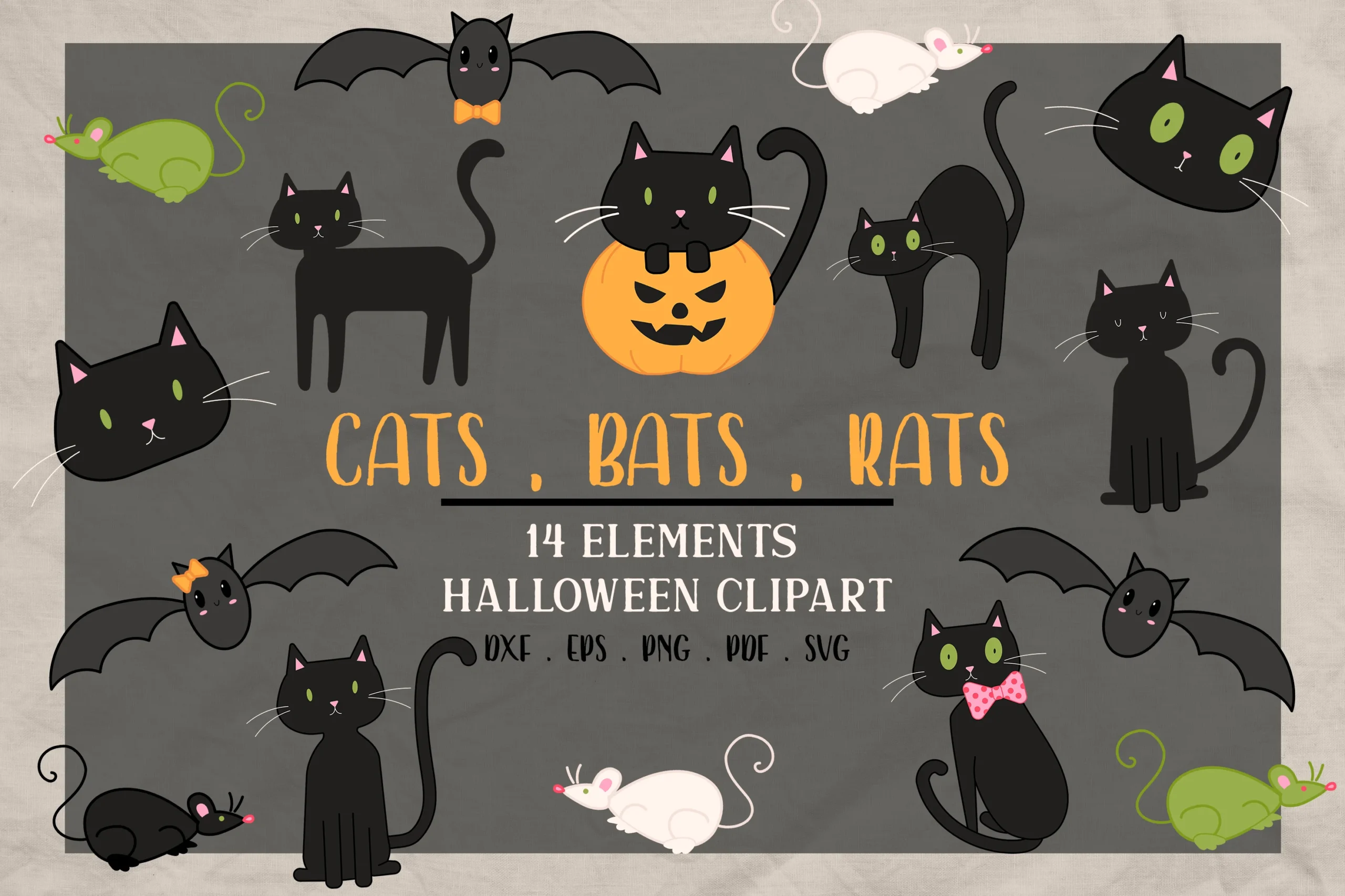 Black Bats, Cats, Rat Cute Halloween SVG featuring black cats, bats, and rats in simple rounded cartoon silhouettes.