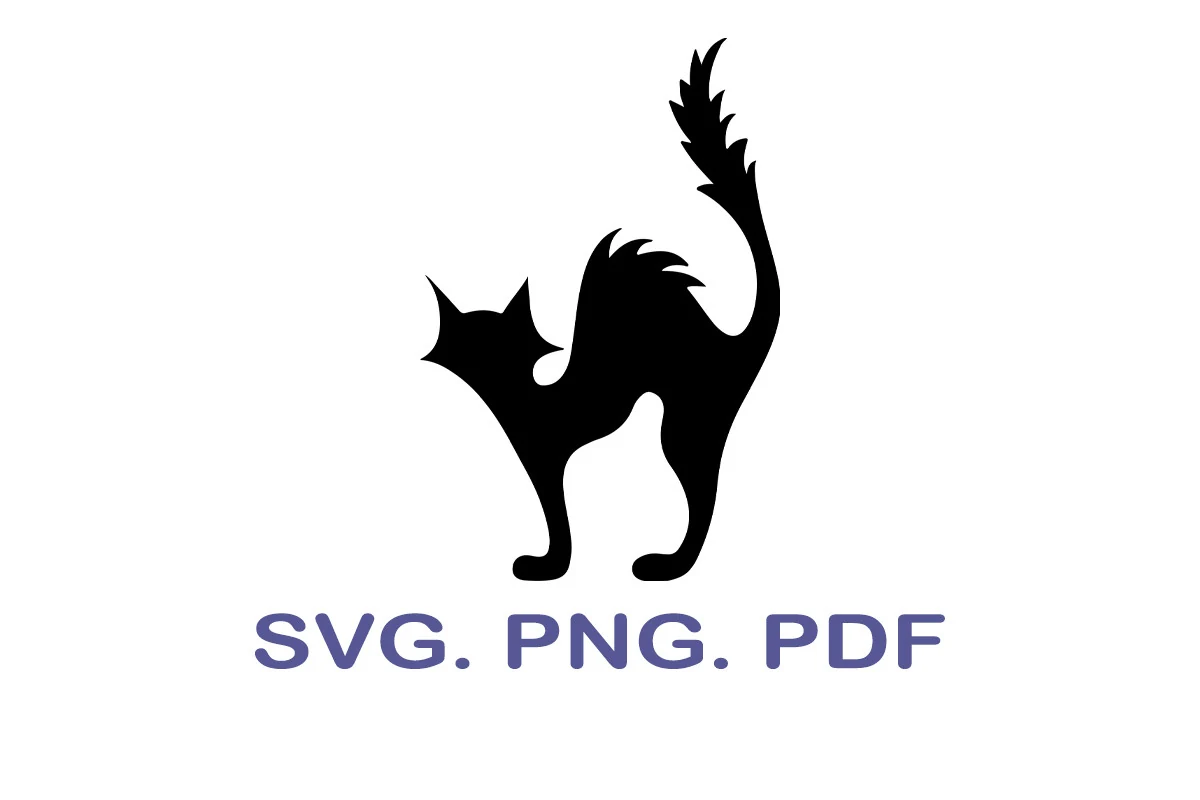 Black Cat SVG, Halloween Cat SVG: stylized black cat silhouette with an arched back and raised tail above the text "SVG. PNG. PDF".