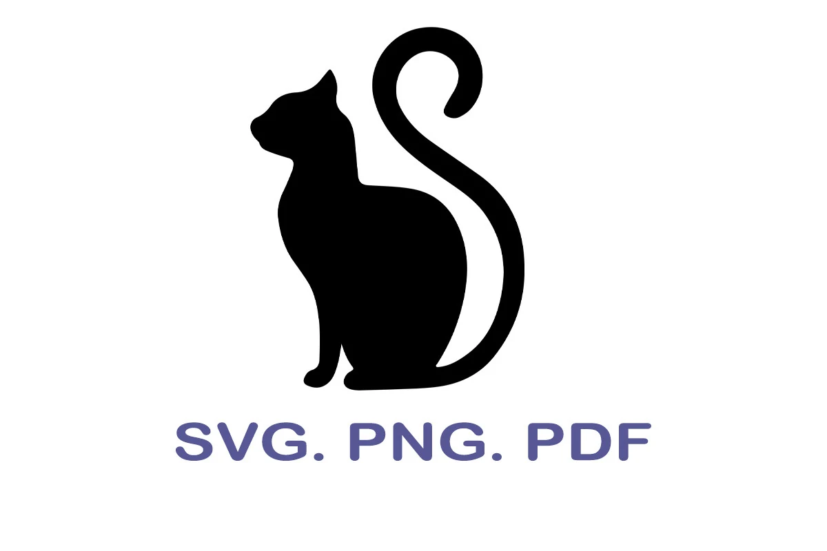 Black Cat Svg, Halloween Cat Svg: black silhouette of a seated cat facing left with its tail curled into a loop.