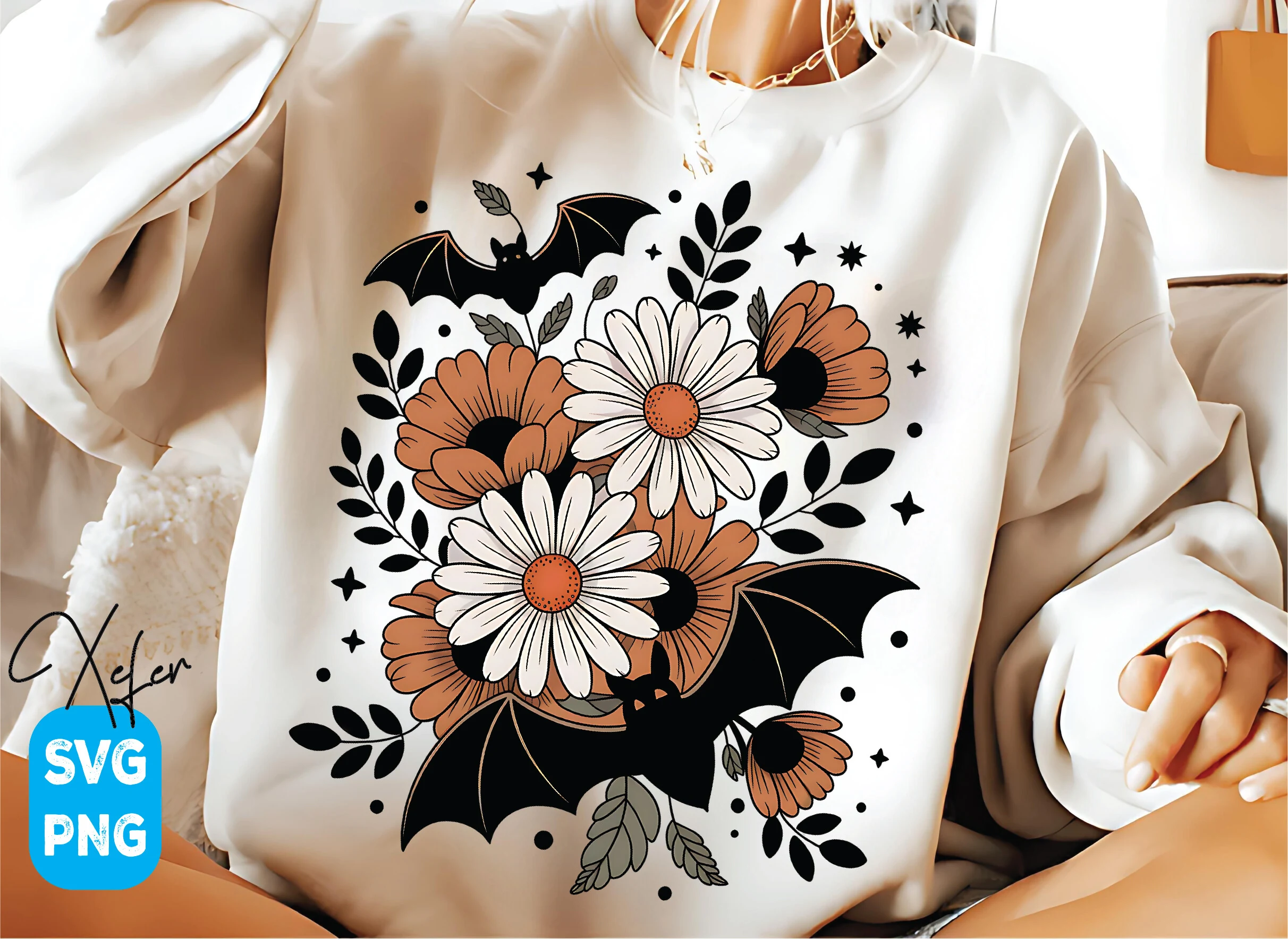 Boho Floral Bats Png,Retro Halloween Svg featuring black silhouette bats among white and orange daisies and leaves, with a small handwritten script signature