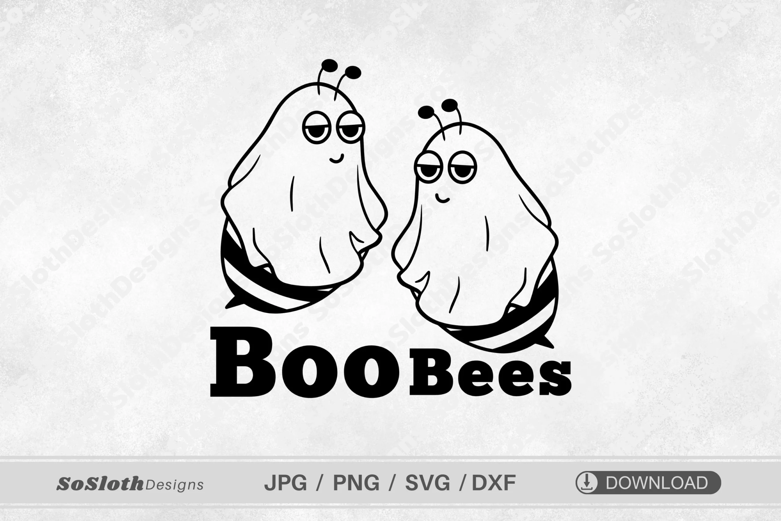 Boo Bees Svg, Funny Halloween Svg featuring two illustrated bee-ghost characters above bold black serif lettering spelling BOOBEES.