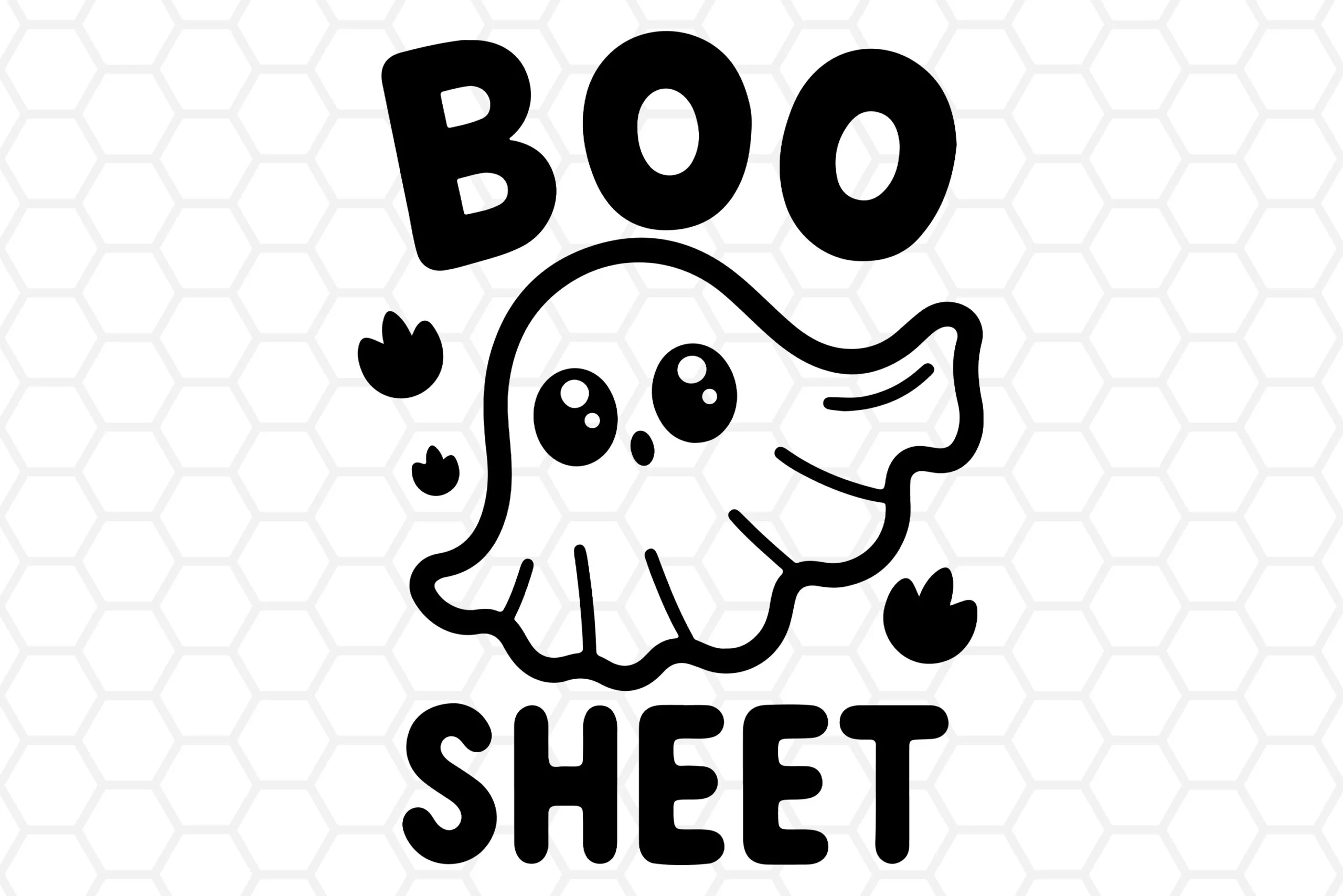 Boo Sheet Ghost Halloween SVG Cut Files featuring bold rounded BOO and SHEET lettering around a cute cartoon ghost with large eyes, puff motifs, and a hexagonal background pattern.