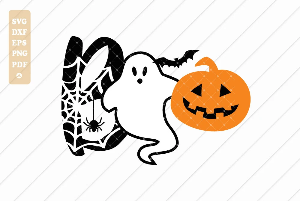 Boo Svg,Boo Ghost SVG,Baby Halloween Svg featuring BOO with a spiderweb and spider in the B, a ghost, a jack-o'-lantern, and a small bat.