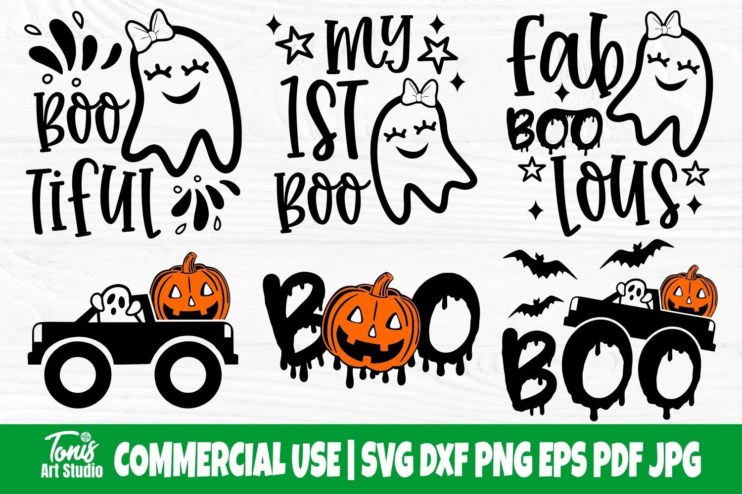 Boo SVG, Funny Halloween Svg, Ghost Svg collection of six Halloween-themed designs with bold black typography, ghosts, pumpkins, a truck, bats, and decorative stars.
