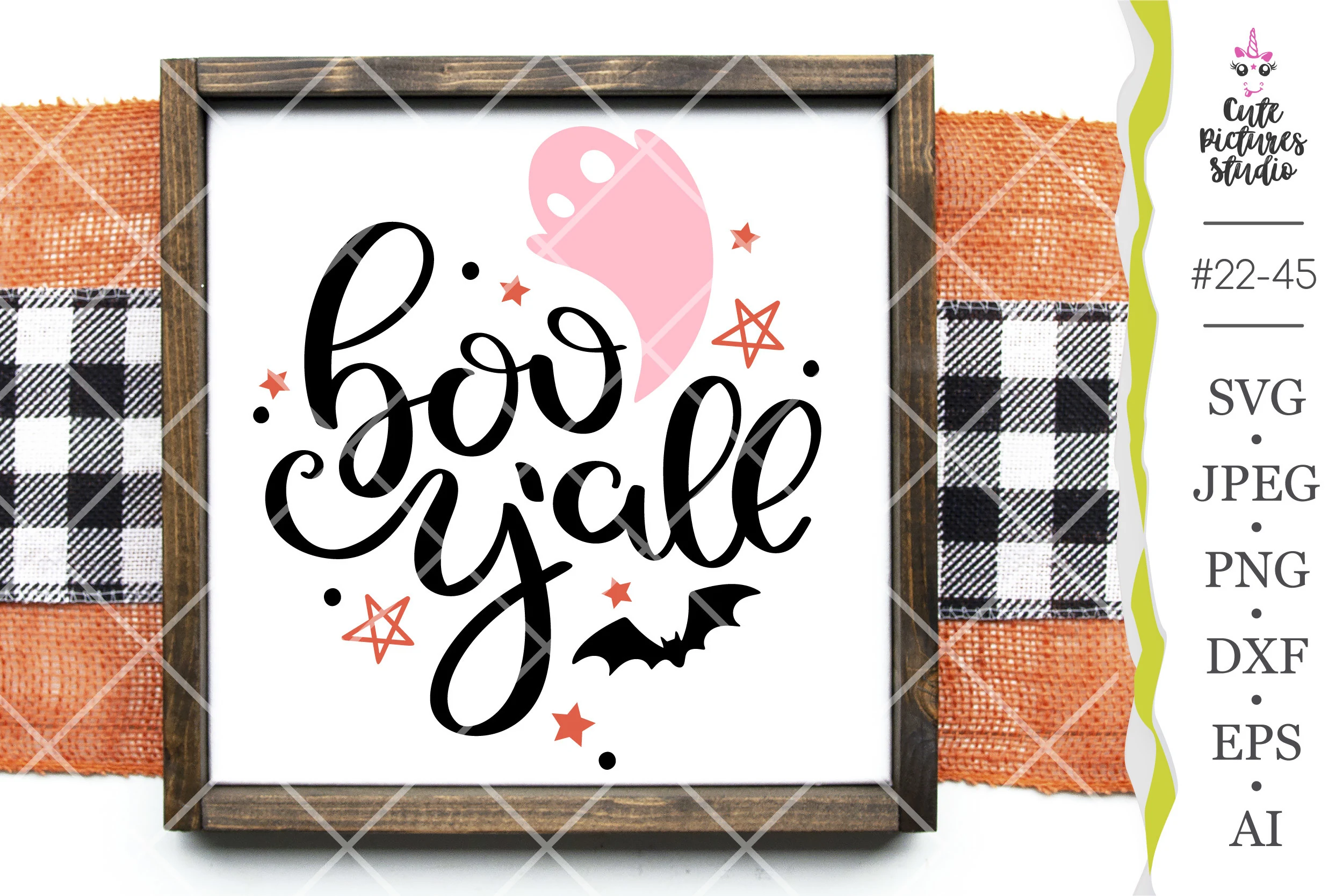 Boo Y`all Halloween Cricut SVG Cut File featuring black flowing script lettering, a pink ghost, a black bat, and coral-colored stars on a white background.