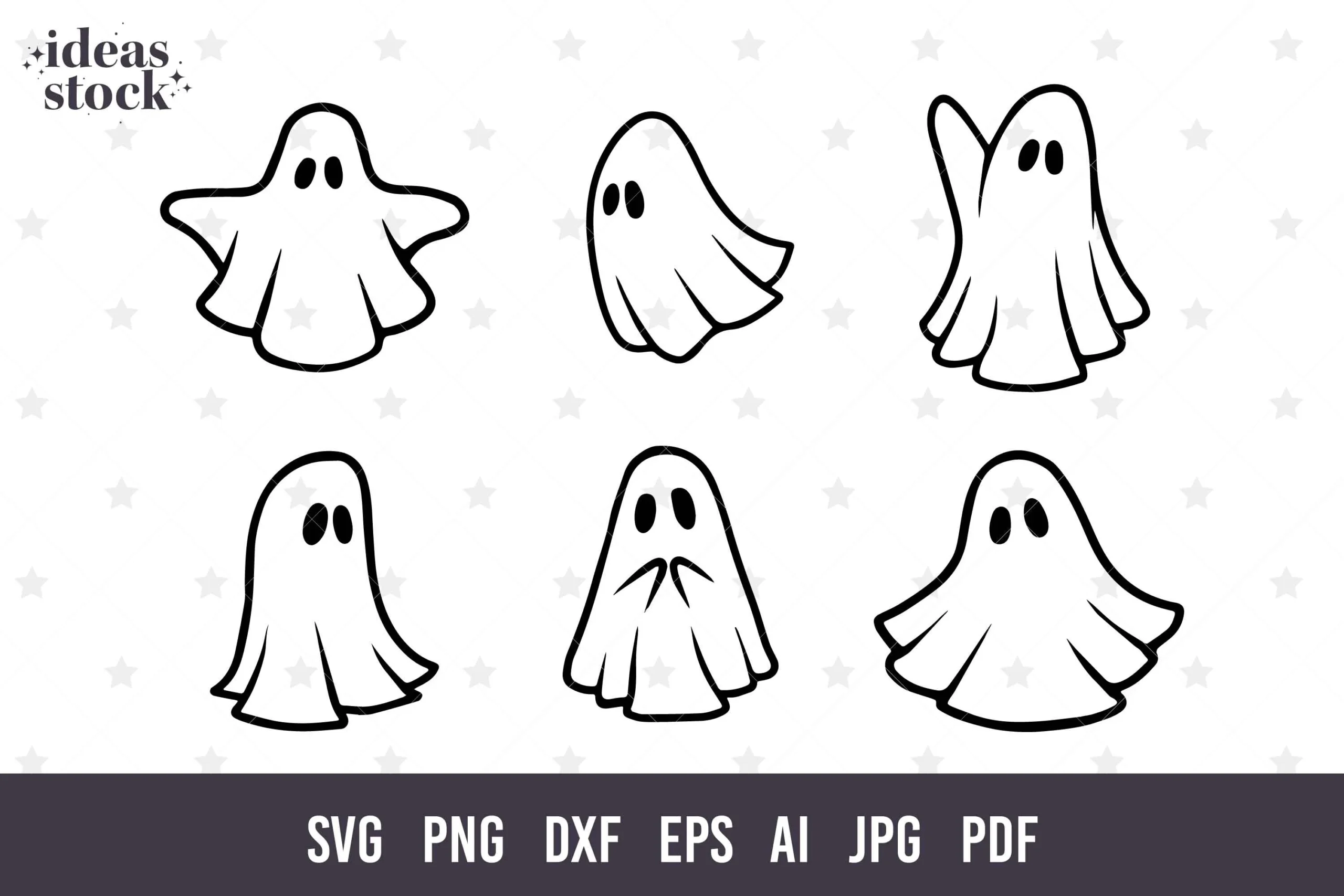 Bundle Cute Ghost Svg. Halloween Svg. set of six black-and-white ghost illustrations with bold outlines and simple circular eyes