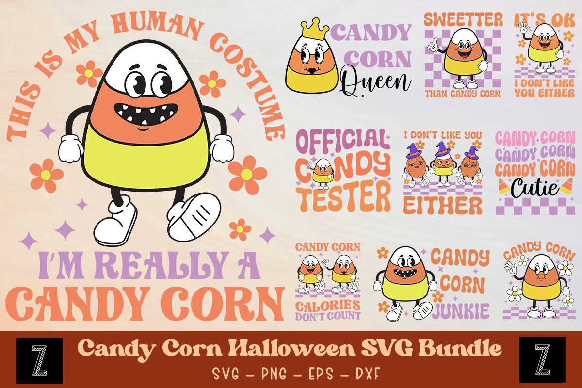 Candy Corn Halloween SVG Bundle display featuring nine cartoon candy corn designs with groovy retro typography, floral motifs, checkered patterns, and starburst accents.