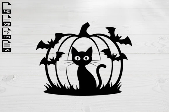 Cat with Pumpkin Svg, Halloween Cat Svg featuring a sitting cat silhouette inside a pumpkin frame with four bats and a grassy base.