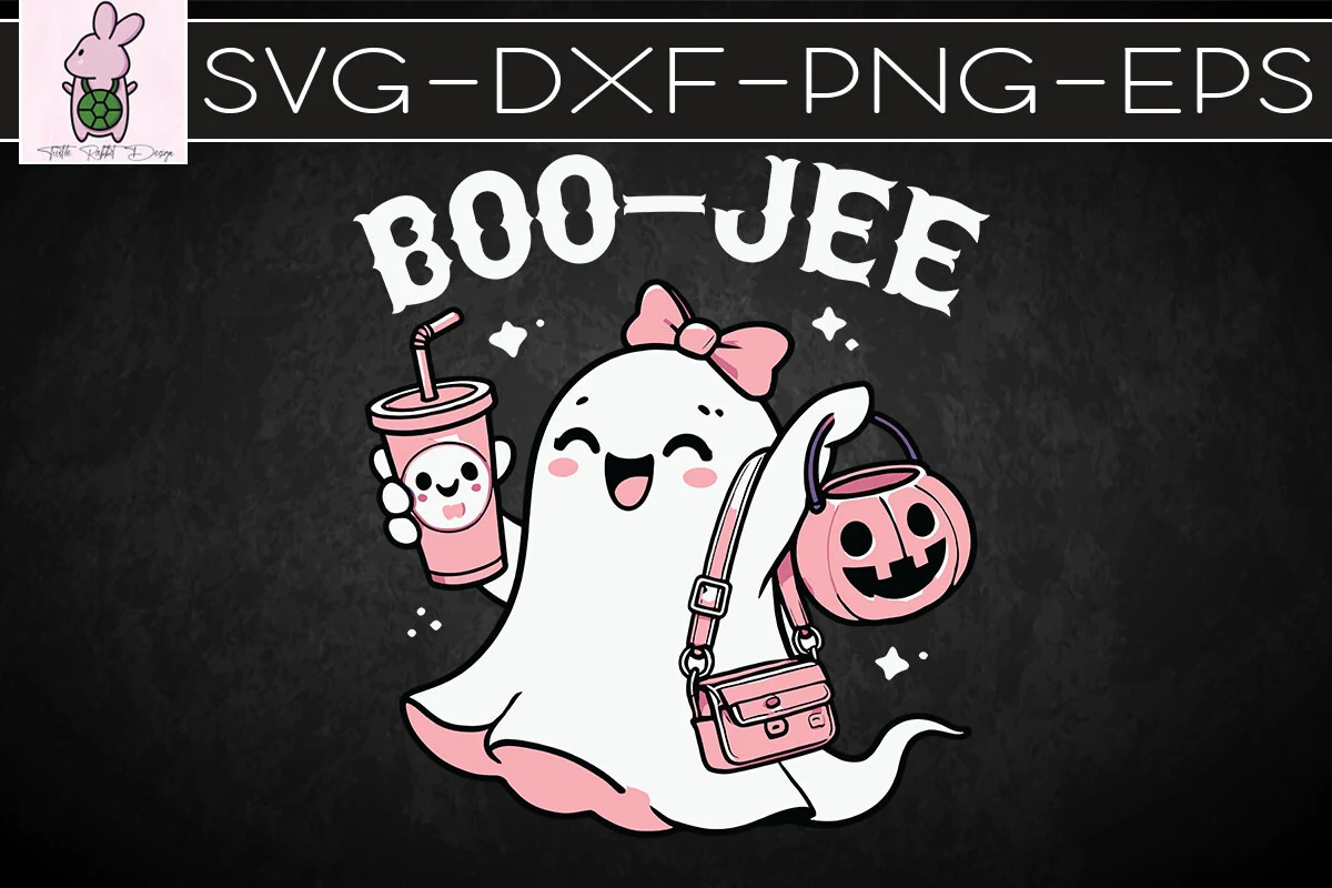 Check Your Boo Bees Funny Halloween SVG featuring a cartoon ghost with a pink bow, drink, pumpkin bucket, and shoulder bag beneath bold spooky display lettering.