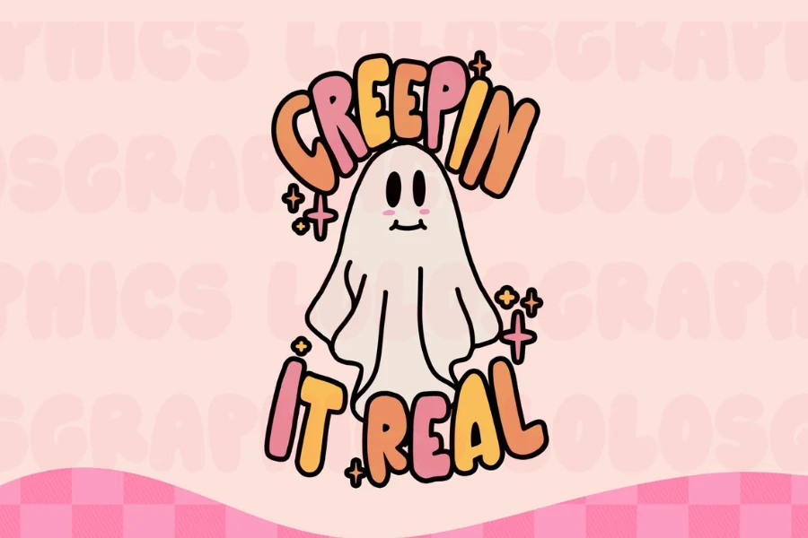 Creepin It Real Halloween SVG Design featuring a cute cartoon ghost, decorative stars, and rounded colorful bubble-style lettering arranged above and below the character.